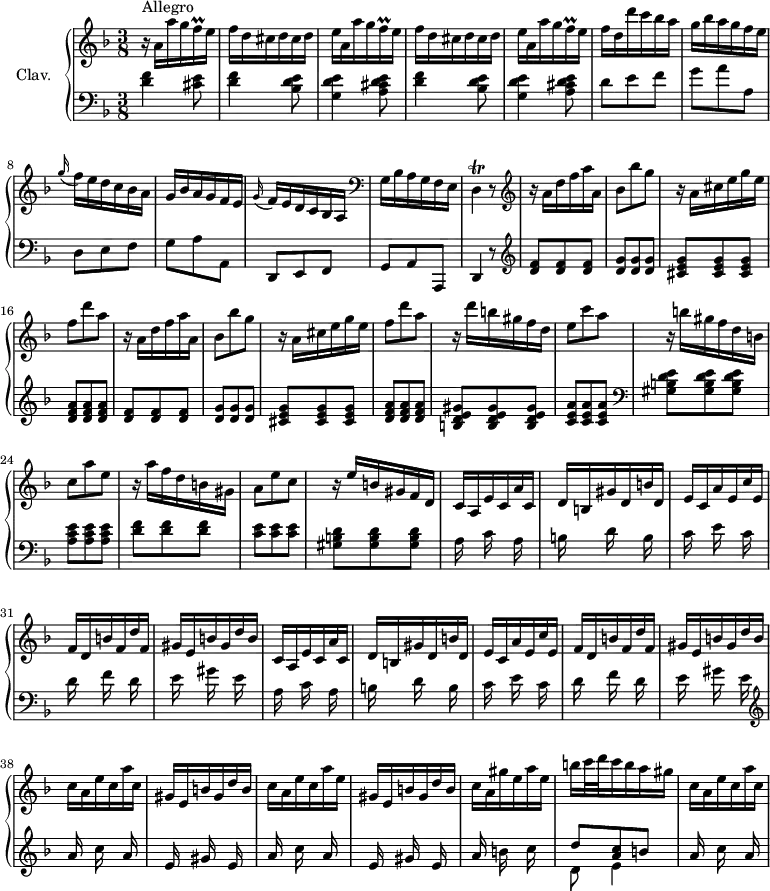 \version "2.18.2"
\header {
  tagline = ##f
  % composer = "Domenico Scarlatti"
  % opus = "K. 138"
  % meter = "Allegro"
}
%% les petites notes
trillFqq      = { \tag #'print { f16\prall } \tag #'midi { \times 2/3 { f32 e f } } }
trillD        = { \tag #'print { d4\trill } \tag #'midi { e32 d e d~   \tempo 4. = 30 d8   \tempo 4. = 64 } }
upper = \relative c'' {
  \clef treble 
  \key d \minor
  \time 3/8
  \tempo 4. = 64
  \set Staff.midiInstrument = #"harpsichord"
  \override TupletBracket.bracket-visibility = ##f
      s8*0^\markup{Allegro}
      r16 a16 a' g \trillFqq e16 | \repeat unfold 2 { f d cis d cis d | e a, a' g \trillFqq e } |
      % ms. 6
      f d d' c bes a | g bes a g f e | \appoggiatura g16 f e d c bes a | g bes a g f e | \appoggiatura g16 f e d c bes a |   \clef bass
      % ms. 11
      g16 bes a g f e | \trillD r8   \clef treble | \repeat unfold 2 { r16 a''16 d f a a, | bes8 bes' g | r16 a,16 cis e g e | f8 d' a } |
      % ms. 21
      r16 d16 b gis f d | e8 c' a | 
      % ms. 23
      r16 b16 gis f d b | c8 a' e | r16 a16 f d b gis | a8 e' c | r16 e16 b gis f d | \repeat unfold 2 { c a e' c a' c, | 
      % ms. 29
      d16 b gis' d b' d, | e c a' e c' e, | f d b' f d' f, | gis e b' gis d' b } | 
      % ms. 39
      c16 a e' c a' c, | gis e b' gis d' b | c a e' c a' e |
      % ms. 41
       gis, e b' gis d' b | c a gis' e a e | b' c32 d c16 b a gis | c,16 a e' c a' c, |
}
lower = \relative c' {
  \clef bass
  \key d \minor
  \time 3/8
  \set Staff.midiInstrument = #"harpsichord"
  \override TupletBracket.bracket-visibility = ##f
    % ************************************** \appoggiatura a16  \repeat unfold 2 {  } \times 2/3 { }   \omit TupletNumber 
      < d f >4 < cis e >8 | \repeat unfold 2 { < d f >4 < bes d e >8 | < g d' e >4 < a cis d e >8 } 
      % ms. 6
      d8 e f | g a a, | d, e f | g a a, | d, e f |
      % ms. 11
      g a a, | d4 r8 |   \clef treble \repeat unfold 2 { < d'' f >8 q q | < d g > q q | < cis e g > q q | < d f a > q q } |
      % ms. 21
      < b d e gis >8 q q | < c e a > q q |   \clef bass
      % ms. 23
      < gis b d e >8 q q | < a c e > q q | < d f > q q | < c e > q q | < gis b d > q q |
      % ms. 28
      \repeat unfold 2 { a16 s16 c16 s16 a16 s16 | b16 s16 d16 s16 b16 s16 | c16 s16 e16 s16 c16 s16 | d16 s16 f16 s16 d16 s16 | e16 s16 gis16 s16 e16 s16 }  \clef treble
      % ms. 38
      \repeat unfold 2 { a16 s16 c16 s16 a16 s16 |
      % ms. 41
       e16 s16 gis16 s16 e16 s16 } |  a16 s16 b16 s16 c16 s16 | << { d8 < a c > b } \\ { d,8 e4 } >> | a16 s16 c16 s16 a16 s16 | 
}
thePianoStaff = \new PianoStaff <<
    \set PianoStaff.instrumentName = #"Clav."
    \new Staff = "upper" \upper
    \new Staff = "lower" \lower
  >>
\score {
  \keepWithTag #'print \thePianoStaff
  \layout {
      #(layout-set-staff-size 17)
    \context {
      \Score
     \override SpacingSpanner.common-shortest-duration = #(ly:make-moment 1/2)
      \remove "Metronome_mark_engraver"
    }
  }
}
\score {
  \keepWithTag #'midi \thePianoStaff
  \midi { }
}