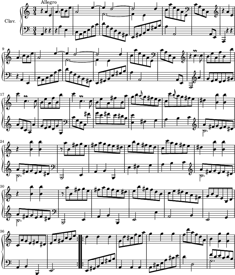 \version "2.18.2"
\header {
  tagline = ##f
  % composer = "Domenico Scarlatti"
  % opus = "K. 451"
  % meter = "Allegro"
}
%% les petites notes
trillCpUpUp     = { \tag #'print { c''4.\prall } \tag #'midi { d32 c d c~ c4 } }
trillCpDown      = { \tag #'print { c,4.\prall } \tag #'midi { d32 c d c~ c4 } }
upper = \relative c'' {
  \clef treble 
  \key a \minor
  \time 3/4
  \tempo 4 = 126
  \set Staff.midiInstrument = #"harpsichord"
  \override TupletBracket.bracket-visibility = ##f
  \repeat volta 2 {
      s8*0^\markup{Allegro}
      \repeat unfold 2 { r4 a4 e | a4. c8 b e | a,2 << { e'4^~ | e4 d2~ | d d4 } 
      \\ { s4 | f,2.~ | f4 e } >> | c'8 a' e c a e |  \clef bass
      % ms. 14
      c8 a e c s4   \clef treble } r4 \trillCpUpUp c8 | \repeat unfold 2 { b8 e a, f' b, b' |
      % ms. 19
      c4 \trillCpDown c8 } | b8 e a, fis' b, a' | g b \appoggiatura a16 g8 fis e d | c c' \appoggiatura b16 a8 g fis e | dis4 < b b'  >4 q | r4 q q | 
      % ms. 25
      r8 a'8 b, fis' g e | fis a g fis e dis | e b' g fis e d | c c' a g fis e | dis4 < b b'  >4 q | r4 q q | 
      % ms. 31
      r8 a'8 b, fis' g e | fis a g fis e dis | e b' gis f d b | c e dis c a fis | g b g e b d | c a' g e fis dis |
      % ms. 37
      e8 a gis c b e }%repet
      % ms. 38
      \bar ":..:"
      d4 d d |g,8 d' cis f e a | g4 g g | f8 d' a f d a | b4 < g g' > q |
} 
lower = \relative c' {
  \clef bass
  \key a \minor
  \time 3/4
  \set Staff.midiInstrument = #"harpsichord"
  \override TupletBracket.bracket-visibility = ##f
  \repeat volta 2 {
    % ************************************** \appoggiatura a16  \repeat unfold 2 {  } \times 2/3 { }   \omit TupletNumber 
      a,4 r4 r4 | r4 a'4 e | c8 a c e a c | d a f d b gis | e gis b e gis b | a4 a,2 |
      % ms. 7
      s2 a8 e | a,4 r4 r4 | r4 a'4 e | c'8 a c e a c | d a f d b gis | e gis b e gis b |
      % ms. 13
      a4 a,2 | s2 a8 e | a,2   \clef treble a'''4  | g8 e f d e gis | a e c a a'4 | g8 e f d g g,   \clef bass |
      % ms. 19
      c8 g e c fis'4 | g8 e fis e dis b | < e, e' >4 fis g | a b c | \clef treble \repeat unfold 2 { << { a'8 fis g e fis dis } \\ { b2. } >> }  \clef bass |
      % ms. 25
      b,,2 e4 | a b b, | e' fis g a b c | \clef treble \repeat unfold 2 { << { a'8 fis g e fis dis } \\ { b2. } >> }  \clef bass |
      % ms. 31
      b,,2 e4 | a b b, | e2 e'4 | a,2 b4 | e,2 g4 | a b b, |
      % ms. 37
      e2. }%repet
      % ms. 38
      e8 gis b e gis b | a,4 a a | a8 cis e a cis e | d4 d,2 | << { f'8 d e c d b } \\ { g2. } >>
}
thePianoStaff = \new PianoStaff <<
    \set PianoStaff.instrumentName = #"Clav."
    \new Staff = "upper" \upper
    \new Staff = "lower" \lower
  >>
\score {
  \keepWithTag #'print \thePianoStaff
  \layout {
      #(layout-set-staff-size 17)
    \context {
      \Score
     \override SpacingSpanner.common-shortest-duration = #(ly:make-moment 1/2)
      \remove "Metronome_mark_engraver"
    }
  }
}
\score {
  \unfoldRepeats 
  \keepWithTag #'midi \thePianoStaff
  \midi { }
}