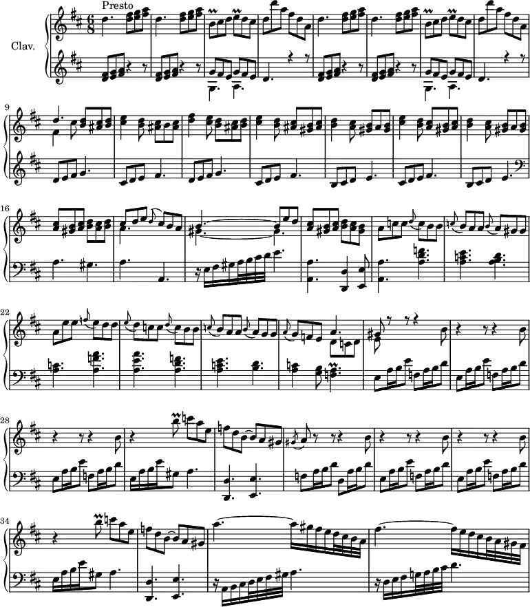 \version "2.18.2"
\header {
  tagline = ##f
}
%% les petites notes
trillBup = { \tag #'print { b'8\prall } \tag #'midi { c32 b c b } }
trillBdn = { \tag #'print { b,8\prall } \tag #'midi { c32 b c b } }
trillBdncis = { \tag #'print { b,8\prall } \tag #'midi { cis32 b cis b } }
trillE = { \tag #'print { e8\prall } \tag #'midi { fis32 e fis16 } }
trillAq = { \tag #'print { < f a\prall >4. } \tag #'midi { << { b32 a b a~ a4 } \\ { f4. } >> } }
upper = \relative c'' {
  \clef treble 
  \key d \major
  \time 6/8
  \tempo 4. = 110
  \set Staff.midiInstrument = #"harpsichord"
   s8*0^\markup{Presto}
   \repeat unfold 2 {
   \repeat unfold 2 { d4. < d fis >8 < e g > < fis a > } | \trillBdncis cis8 d \trillE d8 cis | d d' a fis d a |
   }
   % ms. 9
   << { d4. < b d >8 < ais cis > < b d > } \\ { fis4 cis'8 } >> | < cis e >4 < b d >8 < ais cis > b < ais cis> |
   % ms. 11
   < d fis >4 < cis e >8 < b d > < ais cis > < b d > | < cis e >4 < b d >8 < ais cis > < gis b > < ais cis > | < b d >4 < a cis >8 < gis b > a < gis b > | < cis e >4 < b d >8 < a cis > < gis b > < a cis > | < b d >4 < a cis >8 < gis b > a < gis b > | 
   % ms. 16
   < a cis >8 < gis b > < a cis > < b d > < a cis > < b d > | << { cis8 d e \appoggiatura d8 cis8 b a | b4.~ b8 e d } \\ { a4. s4. | gis4.~ gis } >> | < a cis >8 < gis b > < a cis > < b d > < a cis > < gis b > | \tempo 4. = 96 a8 c c \appoggiatura d8 c b b | 
   % ms. 21
   \tempo 4. = 110 \appoggiatura c8 b a a \appoggiatura b8 a gis gis | a e' e \appoggiatura f8 e d d | \appoggiatura e8 d c c \appoggiatura d8 c b b | \appoggiatura c8 b a a \appoggiatura b8 a g g | \appoggiatura a8 g f e << { a4. } \\ { d,8 c d } >> |
   % ms. 26
   << { gis8 r8 r8 r4 \stemDown b8 } \\ { e,8 } >> | \repeat unfold 2 { r4 r8 r4 b'8 } | r4 \trillBup c8 a e | f d b~ b a \tempo 4. = 96 gis | 
   % ms. 31
   \acciaccatura gis8 \tempo 4. = 110 a8 r8 r8 r4 b8 | \repeat unfold 2 { r4 r8 r4 b8 } | r4 \trillBup  c8 a e | 
   % ms. 35
   f8 d b~ b a gis | a'4.~ a16 gis fis e d32 cis b a | fis'4.~ fis16 e d cis b32 a gis fis |
   
}
lower = \relative c' {
  \clef bass
  \key d \major
  \time 6/8
  \omit Staff.TimeSignature
  \set Staff.midiInstrument = #"harpsichord"
    % **************************************
     \clef treble
     \repeat unfold 2 {
     \repeat unfold 2 { < d fis >8 < e g > < fis a > r4 r8 } | << { \repeat unfold 2 { g8 fis e } d4. r4 r8 } \\ { g,4. a } >>
     }
     \repeat unfold 2 { d8 e fis g4. | cis,8 d e fis4. } | b,8 cis d e4. | cis8 d e fis4. | b,8 cis d e4. |
     % ms. 16
     \clef bass a,4. gis | a a, | r16 e'16 fis gis a32 b cis d e4. | < a,, a' >4. < d, d' >4 < e e' >8 | < a a' >4. < a' d f > |
     % ms. 21
     < a c e >4. < a b d > | < a c > < a f' a > < a e' a > < a d f > | < a c e > < b d > | < a c >4 < g b >8 \trillAq
     % ms. 26
     \repeat unfold 3 { e8 a16 b e8 f,8 a16 b d8 } | e,16 a b e gis,8 a4. | < d,, d' >4. < e e' > | 
     % ms. 31
     f'8 a16 b d8  d, a'16 b d8 | \repeat unfold 2 { e,8 a16 b e8 f,8 a16 b d8 } | e,16 a b e gis,8 a4. | 
     % ms. 35
     < d,, d' >4. < e e' > | r16 a16 b cis d32 e fis gis a4. | r16 d,16 e fis g!32 a b cis d4. |
}
thePianoStaff = \new PianoStaff <<
    \set PianoStaff.instrumentName = #"Clav."
    \new Staff = "upper" \upper
    \new Staff = "lower" \lower
  >>
\score {
  \keepWithTag #'print \thePianoStaff
  \layout {
      #(layout-set-staff-size 17)
    \context {
      \Score
     \override SpacingSpanner.common-shortest-duration = #(ly:make-moment 1/2)
      \remove "Metronome_mark_engraver"
    }
  }
}
\score {
  \keepWithTag #'midi \thePianoStaff
  \midi { }
}