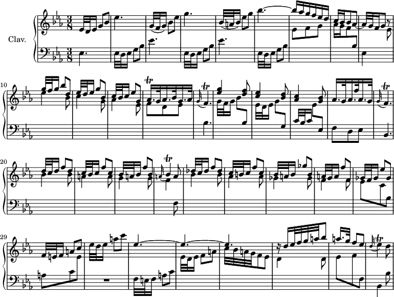 
\version "2.18.2"
\header {
  tagline = ##f
  % composer = "Domenico Scarlatti"
  % opus = "K. 68"
  % meter = ""
}

%% les petites notes
trillFp      = { \tag #'print { f4.\trill } \tag #'midi { g32 f g f~ f4 } }
trillAqqp    = { \tag #'print { aes16.\trill } \tag #'midi { \times 2/3 { bes32 aes bes } aes32 } }
trillBesp    = { \tag #'print { bes4\trill } \tag #'midi { c32 bes c bes~ bes8 } }
trillEes     = { \tag #'print { ees4\trill } \tag #'midi { f32 ees f ees~ ees8 } }

upper = \relative c'' {
  \clef treble 
  \key ees \major
  \time 3/8
  \tempo 4. = 52
  \set Staff.midiInstrument = #"harpsichord"
  \override TupletBracket.bracket-visibility = ##f

      %s8*0^\markup{Allegro}
      ees,32 d ees16 g8[ bes] | ees4. | g,32( f g16) bes8[ ees] | g4. | bes,32( a bes16) ees8[ g] | bes4.~ | \stemUp
      % ms. 7
      bes16 aes g f ees d | c bes bes8 \stemNeutral aes~ | aes32 g f16 g8 bes8\rest  \stemUp | g'32 f g16 bes8[ d,] | ees32 d ees16 g8[ bes,] | c32 bes c16 ees8[ g,] | \trillAqqp g32 aes16. bes32 g16. aes32 |
      % ms. 14
      \appoggiatura g32 \trillFp | < ees' g >4 < d f >8 | < c ees >4 < bes d >8 | < aes c >4 < g bes >8 | aes16. g32 aes16. f'32 aes,16. g32 |  \appoggiatura g32 \trillFp \stemUp | d'32 c d16 f8[ d] |
      % ms. 21
      c32 bes c16 f8[ c] | bes32 a bes16 f'8[ bes,] | \appoggiatura a32 \trillBesp a8 | des32 c des16 f8[ des] | c32 b c16 f8[ c] | bes32 a bes16 ges'8[ bes,] |
      % ms. 27
      a32 g a16 f'8[ f,] | ges32 f ges16 ees'8[ ges,] | f32 e f16 a8[ c] | \stemNeutral ees32 d ees16 a8[ c] | \stemUp ees,4.^~ | ees^~ |
      % ms. 33
      ees4. | r16 \stemUp d16 ees32 f g a bes8 | a16. g32 f8[ ees] | \stemNeutral \appoggiatura d32 \trillEes d8 | 

}

lower = \relative c' {
  \clef bass
  \key ees \major
  \time 3/8
  \set Staff.midiInstrument = #"harpsichord"
  \override TupletBracket.bracket-visibility = ##f

    % ************************************** \appoggiatura a16  \repeat unfold 2 {  } \times 2/3 { }   \omit TupletNumber 
      ees,4. | \repeat unfold 2 { ees32 d ees16 g8[ bes] | ees4. } | ees,32 d ees16 g8[ bes] | \stemDown \change Staff = "upper"
      % ms. 7
      ees8 f g | aes16 g f8 \stemNeutral \change Staff = "lower" bes, | ees,4 \stemDown \change Staff = "upper"  ees'8 | ees'4 bes8 | c4 g8 | aes4 ees8 | f d ees | \stemNeutral \change Staff = "lower"
      % ms. 14
      bes4.  \stemDown \change Staff = "upper" | g'32 f g16 bes8[ \stemUp  \change Staff = "lower" bes,] | \stemDown \change Staff = "upper"  ees32 d ees16 g8[ \stemUp  \change Staff = "lower" g,] | c32 bes c16 \stemDown \change Staff = "upper"  ees8[ \stemUp  \change Staff = "lower" ees,] \stemNeutral | f8 d ees | bes4. | \stemDown \change Staff = "upper"
      % ms. 20
      bes''4 bes8 | a4 a8 | g4 g8 | f4  \change Staff = "lower" f,8 | \stemDown \change Staff = "upper"
      bes'4 bes8 | aes4 aes8 | ges4 ges8 |
      % ms. 27
      f4 f8 | ees c \change Staff = "lower" bes | a c \stemDown \change Staff = "upper" e | \change Staff = "lower"  R4. | f,32 e f16 a8[ c] \stemDown \change Staff = "upper" | ees32 d ees16 f8[ a] |
      % ms. 33
      c32 bes a g f8 ees | d4 d8 | ees f \change Staff = "lower" f, | bes,4 bes'8 |

}

thePianoStaff = \new PianoStaff <<
    \set PianoStaff.instrumentName = #"Clav."
    \new Staff = "upper" \upper
    \new Staff = "lower" \lower
  >>

\score {
  \keepWithTag #'print \thePianoStaff
  \layout {
      #(layout-set-staff-size 17)
    \context {
      \Score
     \override SpacingSpanner.common-shortest-duration = #(ly:make-moment 1/2)
      \remove "Metronome_mark_engraver"
    }
  }
}

\score {
  \keepWithTag #'midi \thePianoStaff
  \midi { }
}
