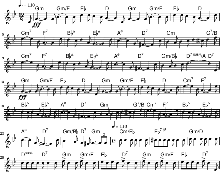 << \chords { \set ChordNames.midiMaximumVolume = #0.7 s8
  g,2.:m g,:m/f ees d
  g,:m g,:m/f ees d
  c:m7 f,:7 bes,:maj7 ees,:maj7
  a,:m7.5- d,:7 g,2.:m s4. g:7/b
  c2.:m7 f,:7 bes,:maj7 ees,:maj7
  a,:m7.5- d,:7 g:m/bes d4.:7sus4/a d,:7
  g,2.:m g,:m/f ees d
  g,:m g,:m/f ees d
  c:m7 f,:7 bes,:maj7 ees,:maj7
  a,:m7.5- d,:7 g,2.:m s4. g:7/b
  c2.:m7 f,:7 bes,:maj7 ees,:maj7
  a,:m7.5- d,:7
  g4.:m/bes d,:7 g,2.:m
  c1:m/ees ees,:7.5- g,:m/d d,2:sus4 d,:7
  g,2:m g,:m/f ees, d,:7 g,:m g,:m/f ees, d,:7
} \new Voice {
  \tempo 4. = 110 \key g \minor \time 12/8 \partial 8 \relative c' { d8
   \unfoldRepeats { \repeat volta 2 { 
      g4.\fff~ 4 8 bes4.~ 4 8 d4 8 c4 bes8 a4.~ 4 d,8
      g4.~ 4 8 bes4.~ 4 8 d4 8 c4 bes8 a4.~ 4 d8
      ees4.~ 4 bes8 a4.~ 4 ees'8 d4 c8 d4 a8 g4.~ 4 d'8
      c4.~ 4 g8 fis4.~ 4 c'8 bes4 a8 bes4 c8 d4 cis?8 d4 f8
      ees4.~ 4 bes8 a4.~ 4 ees'8 d4 c8 d4 a8 g4.~ 4 d'8
      c4.~ 4 g8 fis4.~ 4 c'8
    }
    \alternative { { bes4 a8 bes4 c8 d4.~ 4 d,8 } { bes'4 a8 g4 fis8 g4.~ \tuplet 2/3 { 8 8 } } } } \time 4/4
    \tempo 4 = 110 % for MIDI
    c8 4 8 8 4 8 cis8 8 8 8 8 4 8
    d8 4 8 8 4 8 8 8 8 8 8 4 \set Staff.midiInstrument = "woodblock"
    \repeat unfold 2 { d8 f8-> d4 8 f8-> d4 8 ees8 d8 ees8 d8 f-> d4 } \set Staff.midiInstrument = "acoustic grand" d,8 } } >>