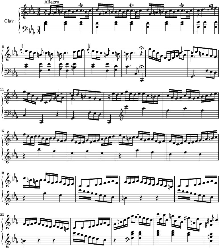\version "2.18.2"
\header {
  tagline = ##f
  % composer = "Domenico Scarlatti"
  % opus = "K. 99"
  % meter = "Allegro"
}
%% les petites notes
trillcqp     = { \tag #'print { c8.\trill } \tag #'midi { d32 c d c~ c16 } }
upper = \relative c'' {
  \clef treble 
  \key c \minor
  \time 3/4
  \tempo 4 = 90
  \set Staff.midiInstrument = #"harpsichord"
  \override TupletBracket.bracket-visibility = ##f
      s8*0^\markup{Allegro}
      r16 \repeat unfold 2 { g16 a b b c b c \trillcqp b32 c d16 } | g,16 a b b c b c \trillcqp b32 c 
      % ms. 4 suite
      c8 d4. \grace { \tempo 4 = 60 d16  ees } \tempo 4 = 90 f4 | \appoggiatura f32 ees8 d16 c a8 c4 b8 | b c4. d8 ees16 f | \appoggiatura f32 ees8 d16 c a8 c4 b8 |
      % ms. 8
      b8 c4. r4\fermata | \repeat unfold 2 { g'16 ees c g ees c ees g << { c4~ | c8 d b aes g f } \\ { c'8 aes | g4. } >> }
      % ms. 13
      r16 ees'16 d ees g ees d ees ees c b c | \repeat unfold 2 { c aes g aes } bes c d ees | f d c d d bes aes bes bes g f g |
      % ms. 16
      g16 ees d ees g ees f g aes bes c d | ees c b c c aes g aes aes f ees f | f d c d f d ees f g a b c | d b a b b g f g g ees d ees |
      % ms. 20
      \repeat unfold 2 { c8 c d ees f16 g aes f | g f g aes g f ees d ees d c b } |
      % ms. 24
       c8 c d ees f16 g aes f | g16 b d f aes8 g~ g16 f ees d | c'16 ees, bes' d, a' c, g' bes, fis' a, ees' g, | << { cis8 d4*1/2  } \\ { fis,4 } >>
}
lower = \relative c' {
  \clef bass
  \key c \minor
  \time 3/4
  \set Staff.midiInstrument = #"harpsichord"
  \override TupletBracket.bracket-visibility = ##f
    % ************************************** \appoggiatura \repeat unfold 2 {  } \times 2/3 { }
      \repeat unfold 3 { < c ees >4 } | \repeat unfold 2 { < g d' >4 \repeat unfold 2 { < c ees >4 } }
      % ms. 4
      \repeat unfold 3 { < g ees' >4 } | < c ees >4 < f, f' > < g f' > | < aes f' > < f f' > < b f' > | < c ees > < f, f' > < g d' >
      % ms. 8
      c4. c,8 c,4\fermata | s2. | g'4. f'8 ees d | c4 c, r4 |
      % ms. 12
      g'4. f'8 ees d | c,4   \clef treble  c''''4 aes | f aes f | r4 bes g |
      % ms. 16
      ees g ees | r4 aes f | d f d | r4 g ees
      % ms. 20
      \repeat unfold 2 { c'16 bes aes g f8 ees d c | b4 r4 r4 } |
      % ms. 24
      c'16 bes aes g f8 ees d c | r4   \clef bass  < g, d' f > q | < c ees g > q < c ees > | < d, a' d >4
}
thePianoStaff = \new PianoStaff <<
    \set PianoStaff.instrumentName = #"Clav."
    \new Staff = "upper" \upper
    \new Staff = "lower" \lower
  >>
\score {
  \keepWithTag #'print \thePianoStaff
  \layout {
      #(layout-set-staff-size 17)
    \context {
      \Score
     \override SpacingSpanner.common-shortest-duration = #(ly:make-moment 1/2)
      \remove "Metronome_mark_engraver"
    }
  }
}
\score {
  \keepWithTag #'midi \thePianoStaff
  \midi { }
}