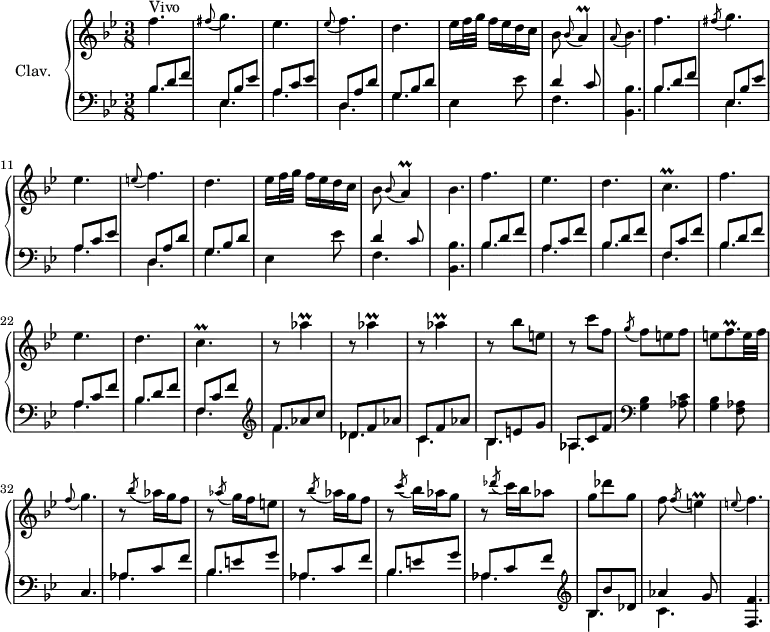 
\version "2.18.2"
\header {
  tagline = ##f
  % composer = "Domenico Scarlatti"
  % opus = "K. 273"
  % meter = "Allegro"
}

%% les petites notes
trillA        = { \tag #'print { a4\prall } \tag #'midi { bes32 a bes a~ a8 } }
trillCp       = { \tag #'print { c4.\prall } \tag #'midi { d32 c d c~ c4 } }
trillAesUp    = { \tag #'print { aes'4\prall } \tag #'midi { bes32 aes bes aes~ aes8 } }
trillE        = { \tag #'print { e4\prall } \tag #'midi { f32 e f e~ e8 } }
appoABesp     = { \tag #'print { \appoggiatura a8 bes4. } \tag #'midi { a4   \tempo 4. = 30 bes8    \tempo 4. = 72 } }
appoFGp       = { \tag #'print { \appoggiatura f8 g4.  } \tag #'midi { f4   \tempo 4. = 30 g8    \tempo 4. = 72 } }
appoEFp       = { \tag #'print { \appoggiatura e8 f4.  } \tag #'midi { e4   \tempo 4. = 30 f8    \tempo 4. = 72 } }
trillFqp      = { \tag #'print { f8.\prall } \tag #'midi { g32 f g f~ f16 } }

% 
upper = \relative c'' {
  \clef treble 
  \key bes \major
  \time 3/8
  \tempo 4. = 72
  \set Staff.midiInstrument = #"harpsichord"
  \override TupletBracket.bracket-visibility = ##f

      s8*0^\markup{Vivo}
      f4. | \appoggiatura fis8 g4. | ees | \appoggiatura ees8 f4. | d | ees16 f32 g f16[ ees d c] | bes8 \appoggiatura bes8 \trillA
      % ms. 8
      \appoABesp | f'4. \acciaccatura fis8 g4. | ees \appoggiatura e8 f4. | d4. | ees16 f32 g f16[ ees d c] | bes8 \appoggiatura bes8 \trillA
      % ms. 16
      \tempo 4. = 40 bes4. \tempo 4. = 72 | \repeat unfold 2 { f'4. | ees d 
      % ms. 24
      \trillCp } | \repeat unfold 3 { r8 \trillAesUp } | r8 bes8 e, | r8 c'8 f, | \acciaccatura g8 f8 e f | e \trillFqp e32 f |
      % ms. 32
      \appoFGp | r8 \acciaccatura bes8 aes16 g f8 | r8 \acciaccatura aes8 g16 f e8 | r8 \acciaccatura bes'8 aes16 g f8 | r8 \acciaccatura c'8 bes16 aes g8 | r8 \acciaccatura des'8 c16 bes aes8 | g des' g, |
      % ms. 39
      f8 \acciaccatura f8 \trillE | \appoEFp |

}

lower = \relative c' {
  \clef bass
  \key bes \major
  \time 3/8
  \set Staff.midiInstrument = #"harpsichord"
  \override TupletBracket.bracket-visibility = ##f

    % **************************************
      \repeat unfold 2 { << { bes8 d f | ees, bes' ees | a, c ees | d, a' d | g, bes d } 
      \\ { \mergeDifferentlyDottedOn bes4. | ees, | a | d, | g } >> | 
      ees4 ees'8 | << { d4 c8 } \\ { f,4. } >>
      % ms. 8
      < bes, bes' >4. }
      % ms. 17
      \repeat unfold 2 { << { bes'8 d f | a, c f | bes,8 d f | f, c' f } 
      \\ { \mergeDifferentlyDottedOn bes,4. | a | bes | f } >> } |   \clef treble 
      % ms. 25
      << { f'8 aes c | des, f aes | c, f aes | bes, e g | aes, c f } \\ { f4. | des | c | bes | aes } >>   \clef bass < g bes >4 < aes c >8 | < g bes >4 < f aes >8 |
      % ms. 32
      c4. | \repeat unfold 2 { << { aes'8 c f | bes, e g } \\ { aes,4. bes } >> } << { aes8 c f | \clef treble bes,8 bes' des, } \\ { aes4. |  \clef treble bes4. } >>
      % ms. 39
      << { aes'4 g8 } \\ { c,4. } >> < f, f' >4.

}

thePianoStaff = \new PianoStaff <<
    \set PianoStaff.instrumentName = #"Clav."
    \new Staff = "upper" \upper
    \new Staff = "lower" \lower
  >>

\score {
  \keepWithTag #'print \thePianoStaff
  \layout {
      #(layout-set-staff-size 17)
    \context {
      \Score
     \override SpacingSpanner.common-shortest-duration = #(ly:make-moment 1/2)
      \remove "Metronome_mark_engraver"
    }
  }
}

\score {
  \keepWithTag #'midi \thePianoStaff
  \midi { }
}
