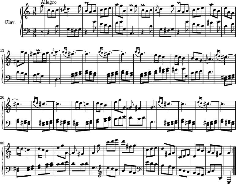 \version "2.18.2"
\header {
  tagline = ##f
  % composer = "Domenico Scarlatti"
  % opus = "K. 407"
  % meter = "Allegro"
}
%% les petites notes
trillBqDown     = { \tag #'print { b,8\prall } \tag #'midi { c32 b c b } }
trillC          = { \tag #'print { c4\prall } \tag #'midi { d32 c d c~   \tempo 4. = 50 c8   \tempo 4. = 72 } }
trillCqDown     = { \tag #'print { c,8\prall } \tag #'midi { d32 c d c } }
trillGqp        = { \tag #'print { g8.\prall } \tag #'midi { a32 g a g~ g16 } }
upper = \relative c'' {
  \clef treble 
  \key c \major
  \time 3/8
  \tempo 4. = 72
 \repeat volta 2 {
      s8*0^\markup{Allegro}
      \partial 8 g'8 | c, b c | \appoggiatura cis16 d4 g8 |
      \trillBqDown a8 b | c d e | a g b, | \trillC g'8 | \trillCqDown b8 c |
      % ms. 8
      \acciaccatura c8 d4 g8 | 
      \trillBqDown a8 b | c d e | a c, b | e a, g | fis a' g | fis \trillGqp fis32 g | \appoggiatura g16   \tempo 4. = 50 a4.   \tempo 4. = 72
      % ms. 16
      \repeat unfold 2 { \grace {   \tempo 4. = 50 a16( g }   \tempo 4. = 72 fis4.~) | fis  } \grace {   \tempo 4. = 50 a16( g }   \tempo 4. = 72 f4.) | e16 d c4 | d16 c b4 | b8 a g |
      % ms. 24
      \appoggiatura g16   \tempo 4. = 50 a4.   \tempo 4. = 72 | \repeat unfold 2 { \grace { \tempo 4. = 50 e'16( d } \tempo 4. = 72 cis4.~) | cis } | e16 d c!4 | d16 c b4 | e8 g g,~ | g fis4 |
      % ms. 33
      g4. | \repeat unfold 2 { \grace {   \tempo 4. = 50 e'16( d }   \tempo 4. = 72 cis4.~) | cis } | e16 d c!4 | d16 c b4 | e8 g g,~ | g fis4 |
      % ms. 42
      g4 g'8 | c8 d e | d fis, g | c, d e | d fis, g | c, d e | d c' b | a   \tempo 4. = 60 g fis |   \tempo 4. = 35 g4   \tempo 4. = 72 }%repet
}
lower = \relative c' {
  \clef bass
  \key c \major
  \time 3/8
 \repeat volta 2 {
    % ************************************** 
      r8 | r4 c8 | g fis g | r4 g'8 | e d c | f g g, | c,4. | r4 c'8 |
      % ms. 8
      g8 fis g | r4 g'8 | e d c | fis4 g8 | c,4 e8 | d c b | a b g | d4. |
      % ms. 16
      \repeat unfold 2 { < g b >8 < a c > < b d > | < c e > < b d > < a c > } |
      < g b >8 < a c > < b d > | < e c >8 < d fis > < e g > | fis g g, | c d e | 
      % ms. 24
      d4. | \repeat unfold 2 { \repeat unfold 2 { < d, fis >8 < e g > < fis a > | < g b > < fis a > < e g > } |
      < d fis >8 < e g > < fis a > |  < g b > < a c > < b d > | c d e | d c d |
      % ms. 42
      g,4. }   \clef treble  | e''8 d c | b a g |   \clef bass e d c | b a g | e d c | b a g | c d d, | g,4 }%repet
}
thePianoStaff = \new PianoStaff <<
    \set PianoStaff.instrumentName = #"Clav."
    \new Staff = "upper" \upper
    \new Staff = "lower" \lower
  >>
\score {
  \keepWithTag #'print \thePianoStaff
  \layout {
      #(layout-set-staff-size 17)
    \context {
      \Score
     \override TupletBracket.bracket-visibility = ##f
     \override SpacingSpanner.common-shortest-duration = #(ly:make-moment 1/2)
      \remove "Metronome_mark_engraver"
    }
  }
}
\score {
  \unfoldRepeats 
  \keepWithTag #'midi \thePianoStaff
  \midi { \set Staff.midiInstrument = #"harpsichord" }
}
