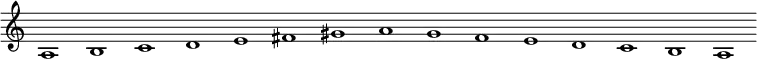 \new Staff {
  \relative c' {
    \key a \minor
    \override Staff.TimeSignature #'stencil = ##f
    \override Staff.BarLine #'stencil = ##f
     a1 b c d e fis gis a g f e d c b a
  }
}
\midi {
  \context {
    \Score
    tempoWholesPerMinute = #(ly:make-moment 120 1)
  }
}
