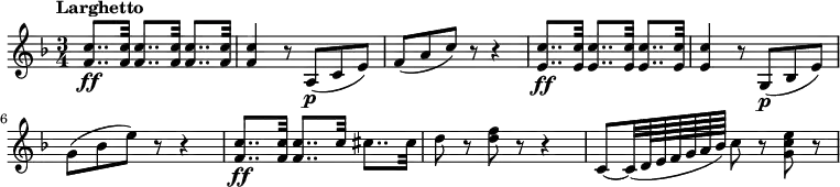 \new Staff \with {
midiInstrument = "violin"
}
\relative c'' {
\version "2.18.2"
\key f \major
\time 3/4
\tempo "Larghetto"
\tempo 8 = 72
<f, c'>8.. \ff <f c'>32 <f c'>8.. <f c'>32 <f c'>8.. <f c'>32
<f c'>4 r8 a,8 \p (c8 e8)
f8 (a8 c8) r8 r4
<e, c'>8.. \ff <e c'>32 <e c'>8.. <e c'>32 <e c'>8.. <e c'>32
<e c'>4 r8 g,8 \p (bes8 e8)
g8 (bes8 e8) r8 r4
<f, c'>8.. \ff <f c'>32 <f c'>8.. c'32 cis8.. cis32
d8 r8 <d f>8 r8 r4
c,8~ c32 (d64 e64 f64 g64 a64 bes64) c8 r8 <g c e>8 r8
}