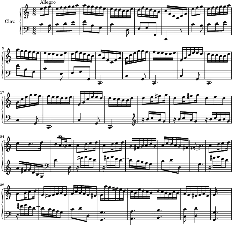\version "2.18.2"
\header {
tagline = ##f
}
%% les petites notes
trillAqqp = { \tag #'print { a16.\prall } \tag #'midi { \times 2/3 { a32 b a~ } a } }
upper = \relative c'' {
\clef treble
\key c \major
\time 3/8
\tempo 4. = 64
\set Staff.midiInstrument = #"harpsichord"
s8*0^\markup{Allegro}
\repeat unfold 2 { e8 f g | e16 f f g g a | a g g f f e | e d d c c e | d f e d c b | c g e c e g } | \repeat unfold 2 { g16 c e g g f |
% ms. 14
f16 e e d d e | e, g c e e d | d c c b b d } |
% ms. 21
\repeat unfold 2 { d8 e16 fis8 g16 } | d8 e d | c b8. d16 | b8 \trillAqqp g32 a8 | \repeat unfold 2 { a8 b16 c8 d16 } |
% ms. 28
g,16 fis g a b g | a c b a g fis | \appoggiatura fis8 g4. | \repeat unfold 2 { a8 b16 c8 d16 } | g,16 fis g a b g | a c b a g fis |
% ms. 35
g16 a' g fis e d | c b e d c b | d c b a c b | a g fis g a fis | g
}
lower = \relative c' {
\clef bass
\key c \major
\time 3/8
\set Staff.midiInstrument = #"harpsichord"
% **************************************
c4 b8 | c d e | f b, g | c4 e,8 | f g g, | c,4 r8 | c''4 b8 | c d e | f b, g | c4 e,8 f g g, | c,4. \repeat unfold 4 { c'4 g8 c,4. }
% ms. 21
\clef treble \repeat unfold 2 { r16 b'''16 c a g8 } | r16 b c a b g | a fis g d b g | \clef bass d'4 d,8 \repeat unfold 2 { r16 fis'16 g e d8~ } |
% ms. 28
d16 c b a g8 c d d, | g4. | \repeat unfold 2 { r16 fis'16 g e d8~ } | d16 c b a g8 c d d, |
% ms. 35
< g, g' >4. < a a' > < b b' > < c c' >8 < d d' >4 | < g, g' >4.
}
thePianoStaff = \new PianoStaff <<
\set PianoStaff.instrumentName = #"Clav."
\new Staff = "upper" \upper
\new Staff = "lower" \lower
>>
\score {
\keepWithTag #'print \thePianoStaff
\layout {
#(layout-set-staff-size 17)
\context {
\Score
\override SpacingSpanner.common-shortest-duration = #(ly:make-moment 1/2)
\remove "Metronome_mark_engraver"
}
}
}
\score {
\keepWithTag #'midi \thePianoStaff
\midi { }
}