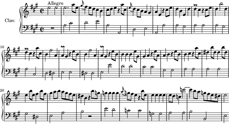 \version "2.18.2"
\header {
  tagline = ##f
}
%% les petites notes
trillD     = { \tag #'print { d4\prall } \tag #'midi { e16 d e d } }
trillA     = { \tag #'print { a4\prall } \tag #'midi { b16 a b a } }
upper = \relative c'' {
  \clef treble 
  \key a \major
  \time 2/2
  \tempo 2 = 90
  \set Staff.midiInstrument = #"harpsichord"
    e2^\markup{Allegro} e | e2. a8 e  | \appoggiatura gis16 fis4 e8 d  cis4 b | cis8 d e4 r4 a8 cis, | 
    % ms. 5
    \appoggiatura e16 d4 cis8 b a4 gis | a e r4 cis'8 e | d4 b e, d' | \trillD cis4 r4 cis8 e | d4 b'2 d,4 | 
    % ms. 10
    \trillD cis4 r4 a'8 cis, | b4 fis'2 a,4 | \trillA gis4 r4 e'8 b | b4 fis'2 a,4 | \trillA gis4 r4 e'8 b | 
    % ms. 15
    b4 b b e8 gis, | gis4 a r4 e'8 a, | a4 b r4 e8 b | b4 cis r4 a'8 cis, |
    % ms. 19
    dis4 b'8 dis, dis4 b'8 dis, | e4 b'8 e, fis4 b8 fis | gis4 a8 b a gis fis e | dis4 b r4 b'8 g |
    % ms. 23
    g4 g g g | \appoggiatura a16 g8 fis e4 r4 b'8 e, | e4 e e e | e8 d c4 c'2~ | c4 b8 a g fis e dis |
    % ms. 28
    e2 
 
}
lower = \relative c' {
  \clef bass
  \key a \major
  \time 2/2
  \set Staff.midiInstrument = #"harpsichord"
    % **************************************
    R1 | a2 cis | d e | a, a, | d e | \tempo 2 = 85 a, \tempo 2 = 90 a' | a gis | a a | a gis | a cis, | d dis | e e | dis dis | \tempo 2 = 85 e \tempo 2 = 90 e' | d d | cis cis | gis gis | a a | 
    % ms. 19
    a2 a | gis dis | e a | b r2 | e d | c c | g g | a a | b b, | e % e | e' d | c c | c r2
} 
thePianoStaff = \new PianoStaff <<
    \set PianoStaff.instrumentName = #"Clav."
    \new Staff = "upper" \upper
    \new Staff = "lower" \lower
  >>
\score {
  \keepWithTag #'print \thePianoStaff
  \layout {
      #(layout-set-staff-size 17)
    \context {
      \Score
     \override SpacingSpanner.common-shortest-duration = #(ly:make-moment 1/2)
      \remove "Metronome_mark_engraver"
    }
  }
}
\score {
  \keepWithTag #'midi \thePianoStaff
  \midi { }
}