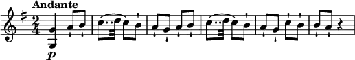 \relative c'' {
  \version "2.18.2"
  \key g \major
  \time 2/4
  \tempo "Andante"
  \tempo 4 = 70
  < g, g'>4\p a'8-! b-! c8.. 
(d32 c8) b-! a-! g-! a-! b-! c8..
(d32 c8) b-! a-! g-! c-! b-! b-! a-! r4
}