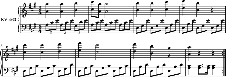 \version "2.18.2"
\header {
  tagline = ##f
}
upper = \relative c'' {
  \clef treble 
  \key a \major
  \time 3/4
  \tempo 2 = 70
  \set Staff.midiInstrument = #"piano"
  <a a'>4 <a a'> <b b'> <cis cis'>8 <a a'> <a a'>2
  <b b'>4 <b b'> <cis cis'> 
  <d d'>4 <b b'> r
  <cis cis'> <cis cis'> <d d'> 
  <e e'> <cis cis'>2
  <d d'>4  <b b'>  <gis gis'>
  <a a'> r r \bar ":|."
}
lower = \relative c {
  \clef bass
  \key a\major
  \time 3/4
  \set Staff.midiInstrument = #"piano"
   \set Staff.midiMinimumVolume = #0.2 
   \set Staff.midiMaximumVolume = #0.5
    \tuplet 3/2 {a'8 cis e}  \tuplet 3/2 {a,8 cis e}  \tuplet 3/2 {gis,8 d' e}
    \scaleDurations 2/3 {a,8 cis e}  \scaleDurations 2/3 {a,8 cis e}  \scaleDurations 2/3 {a,8 cis e}
    \scaleDurations 2/3 {e,8 gis e'}  \scaleDurations 2/3 {e,8 gis e'}  \scaleDurations 2/3 {e,8 a e'}
    \scaleDurations 2/3 {e,8 b' e}  \scaleDurations 2/3 {e,8 gis e'}  \scaleDurations 2/3 {e,8 gis e'}
    \scaleDurations 2/3 {e,8 a cis}  \scaleDurations 2/3 {e,8 a cis}  \scaleDurations 2/3 {e,8 gis d'}
    \scaleDurations 2/3 {e,8 a cis}  \scaleDurations 2/3 {e,8 a cis}  \scaleDurations 2/3 {e,8 a cis}
    \scaleDurations 2/3 {e,8 b' d}  \scaleDurations 2/3 {e,8 b' d}  \scaleDurations 2/3 {e,8 b' d}
    <a cis>4 <a cis>8. <a cis>16 <a cis>4 \bar ":|."
 }
\score {
  \new PianoStaff <<
    \set PianoStaff.instrumentName = #"KV 460"
    \new Staff = "upper" \upper
    \new Staff = "lower" \lower
  >>
  \layout {
    \context {
      \Score
      \remove "Metronome_mark_engraver"
    }
  }
  \midi { }
}