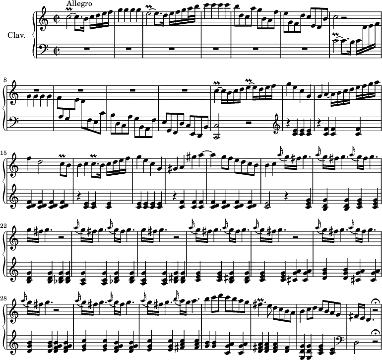 
\version "2.18.2"
\header {
  tagline = ##f
  % composer = "Domenico Scarlatti"
  % opus = "K. 422"
  % meter = "Allegro"
}

%% les petites notes
trillCq     = { \tag #'print { c8\prall } \tag #'midi { \times 2/3 { c16 d c } } }
trillCb     = { \tag #'print { c2\prall~ } \tag #'midi { c8 \times 2/3 { d16 c d c d c~ } c8~ } }
trillEb     = { \tag #'print { e2\prall~ } \tag #'midi { e8 \times 2/3 { f16 e f e f e~ } e8~ } }
trillC      = { \tag #'print { c4\prall~ } \tag #'midi { \times 2/3 { d16 c d } c8~ } }
trillE      = { \tag #'print { e4\prall~ } \tag #'midi { \times 2/3 { f16 e f } e8~ } }
trillFisp   = { \tag #'print { fis4.\prall } \tag #'midi { \times 2/3 { g16 fis g } fis4 } }

upper = \relative c'' {
  \clef treble 
  \key c \major
  \time 2/2
  \tempo 2 = 88
  \set Staff.midiInstrument = #"harpsichord"
  \override TupletBracket.bracket-visibility = ##f

      s8*0^\markup{Allegro}
      \trillCb c8. b16 c[ d e f] | g4 g g g | \trillEb e8. d16 e[ f g a32 b] |
      % ms. 4
      c4 c c c | b8 d, c a' g b, a f' | e g, f d' c e, d b' | c2 r2 | R1*4 
      % ms. 12
      \trillC c16 b c d \trillE e16 d e f | g4 e c g | g a4~ a16 b c d e[ f g a] | f4 d2 \trillCq b8 |
      % ms. 16
      b4 c c8.\prall b16 c[ d e f] | g4 e c g | gis a gis' a~ | a g8 f e d c b |
      % ms. 20
      b4 c \appoggiatura a'16 g16 fis g4. 
      \repeat unfold 2 { \repeat unfold 2 { \appoggiatura a16 g16 fis g4. } |
      % ms. 28
      g16 fis g4. r2 } | 
      \repeat unfold 2 { \repeat unfold 3 { \appoggiatura a16 g16 fis g4. } r2 } 
      \repeat unfold 3 { \appoggiatura a16 g16 fis g4. } \appoggiatura b16 a16 g a4. |
      % ms. 31
      b4 c8 d c[ b a g] | \trillFisp e8 d c b a | b4 c8 d c b a g | fis16 e d4. r2\fermata

}

lower = \relative c' {
  \clef bass
  \key c \major
  \time 2/2
  \set Staff.midiInstrument = #"harpsichord"
  \override TupletBracket.bracket-visibility = ##f

    % ************************************** \appoggiatura a16  \repeat unfold 2 {  } \times 2/3 { }   \omit TupletNumber 
      R1*6
      % ms. 7
      \trillCb c8. b16 c[ \stemDown \change Staff = "upper" d e f] | g4 g g g | f8 \stemUp \change Staff = "lower"  a, g \stemDown \change Staff = "upper" e' d \stemNeutral \change Staff = "lower"  f, e c' | b d, c a' g b, a f' | e g, f d' c e, d b' |
      % ms. 12
      < c, c' >2 r2   \clef treble  | r4 < c'' e >4 q q | r4 < c f >4 q q | < c d f > q q q | 
      % ms. 16
      r4 \repeat unfold 7 { < c e >4 } | r4 < c f >4 q q | < c d f > q q q |
      % ms. 20
      < c e >2 r4 < c e g >4 | < b d g > q < c e g > q | < b d g > q \repeat unfold 2 { < bes d g > q |
      % ms. 24
      < a c g' >4 q } \repeat unfold 2 { < b dis g >4 q | < c e g > q } \repeat unfold 2 { < cis g' a >4 q < d g b > q }
      % ms. 28 suite
      \repeat unfold 2 { < d f g b >4 q  < e g c > q } < fis a c >4 q
      % ms. 31
      < g b >4 q  < c, g' a > q | < d fis a > q q < d fis > | < g, d' g > q < c e g > < c e >   \clef bass | d,2 r2\fermata

}

thePianoStaff = \new PianoStaff <<
    \set PianoStaff.instrumentName = #"Clav."
    \new Staff = "upper" \upper
    \new Staff = "lower" \lower
  >>

\score {
  \keepWithTag #'print \thePianoStaff
  \layout {
      #(layout-set-staff-size 17)
    \context {
      \Score
     \override SpacingSpanner.common-shortest-duration = #(ly:make-moment 1/2)
      \remove "Metronome_mark_engraver"
    }
  }
}

\score {
  \keepWithTag #'midi \thePianoStaff
  \midi { }
}
