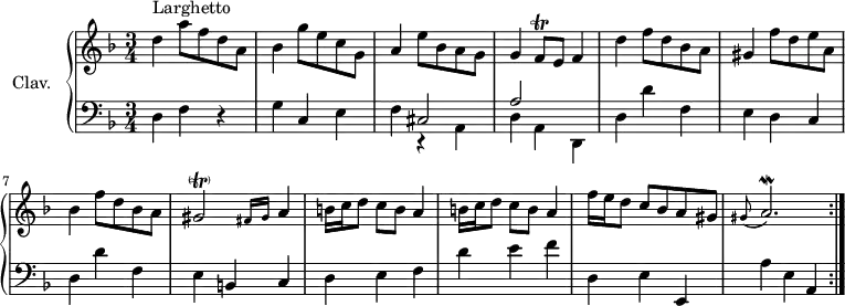 \version "2.18.2"
\header { 
  tagline = ##f
}
%% les petites notes
trillFq   = { \tag #'print { f8\trill } \tag #'midi { g32 f g f } }
trillGetGrace   = { \tag #'print { gis2-\parenthesize\trill \grace { fis16 gis } a4 } \tag #'midi { a32 gis a gis a gis~ gis16~ gis8.  fis32 gis a4 } }
trillGisAppo   = { \tag #'print { \appoggiatura gis8 a2.\mordent } \tag #'midi { gis2 a32 gis a16~   \tempo 4 = 25 a8   \tempo 4 = 80 } }
upper = \relative c'' {
  \clef treble 
  \key d \minor
  \time 3/4
  \tempo 4 = 80
  \set Staff.midiInstrument = #"harpsichord"
  \repeat volta 2 {
      s8*0^\markup{Larghetto} d4 a'8 f d a | bes4 g'8 e c g | a4 e'8 bes a g | g4 \trillFq e8  \tempo 4 = 45 f4 |   \tempo 4 = 80 d'4 f8 d bes a |
      % ms. 6
      gis4 f'8 d e a, | bes4 f'8 d bes a | \trillGetGrace | \repeat unfold 2 { b16 c d8 c8 b a4 } |
      % ms. 11
      f'16 e d8 c bes a gis | \trillGisAppo }%répet
}
lower = \relative c {
  \clef bass
  \key d \minor
  \time 3/4
  \set Staff.midiInstrument = #"harpsichord"
  \repeat volta 2 {
    % **************************************
      d4 f r4 | g c, e | f << { cis2 | a' } \\ { r4 a, | d a d, } >> d' d' f, |
      % ms. 6
      e4 d c | d d' f, | e b c | d e f | d' e f |
      % ms. 11
      d,4 e e, | a' e a, }% faire la seconde partie !
}
thePianoStaff = \new PianoStaff <<
    \set PianoStaff.instrumentName = #"Clav."
    \new Staff = "upper" \upper
    \new Staff = "lower" \lower
  >>
\score {
  \keepWithTag #'print \thePianoStaff
  \layout {
      #(layout-set-staff-size 17)
    \context {
      \Score
     \override SpacingSpanner.common-shortest-duration = #(ly:make-moment 1/2)
      \remove "Metronome_mark_engraver"
    }
  }
}
\score {
  \unfoldRepeats
  \keepWithTag #'midi \thePianoStaff
  \midi { }
}