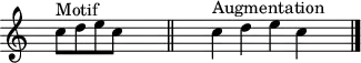 \header { 
  tagline = ##f
}
\score {
  \new Staff \with {
     \remove "Time_signature_engraver"
  }
<<
  \relative c'' {
    \key c \major
    \time 12/1
    %\set Staff.midiInstrument = #"violin" 
    \override TupletBracket #'bracket-visibility = ##f 
    %\autoBeamOff
     %%%%%%%%%
     s4 c8^"Motif" d e c s4 \bar "||" s2  c4^"Augmentation" d e c s4 \bar "|."
  }
>>
  \layout {
     \context { \Score \remove "Metronome_mark_engraver" }
  }
  \midi {}
}