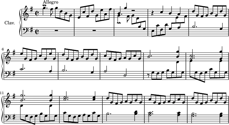 \version "2.18.2"
\header {
  tagline = ##f
  % composer = "Domenico Scarlatti"
  % opus = "K. 314"
  % meter = "Allegro"
}
%% les petites notes
trillGpUp        = { \tag #'print { g'4.\prall } \tag #'midi { a32 g a g~ g4 } }
trillGpUpPrallD  = { \tag #'print { g'4._\prall } \tag #'midi { a32 g a g~ g4 } }
upper = \relative c'' {
  \clef treble 
  \key g \major
  \time 2/2
  \tempo 2 = 82
  \set Staff.midiInstrument = #"harpsichord"
  \override TupletBracket.bracket-visibility = ##f
      s8*0^\markup{Allegro}
      \trillGpUp fis8 g8 d b g | e c' fis, d' g, e' a, fis' | \stemUp b,4 g' r2 |
      % ms. 4
      r4 c,4 b a | d8 g, fis g b g d' g, | e' g, fis g c g e' g, | d'8 g, fis g b g d' g, |
      % ms. 8
      c8 g fis g a g c g | b2. < b g' >4 | < c g >2. < g g' >4 | < b g' >2. q4 |
      % ms. 12
      < c e >2. q4 | d8 g, fis g a g b g | c g fis g a g c g | d' g, fis g b g d' g, |
      % ms. 16
      
}
lower = \relative c' {
  \clef bass
  \key g \major
  \time 2/2
  \set Staff.midiInstrument = #"harpsichord"
  \override TupletBracket.bracket-visibility = ##f
    % ************************************** \appoggiatura a16  \repeat unfold 2 {  } \times 2/3 { }   \omit TupletNumber 
      R1*2 | \stemDown \change Staff = "upper"  \trillGpUpPrallD fis8 g8 d \stemUp \change Staff = "lower"  b g |  \stemNeutral
      % ms. 4
      e8 c' fis, d' g, \stemDown \change Staff = "upper" e' \stemUp \change Staff = "lower" a, \stemDown \change Staff = "upper" fis' | \stemUp \change Staff = "lower" b,2. g4 | c2. a4 | b2. g4 |
      % ms. 8
      a2 d, | r8  \stemNeutral g fis g b g \stemDown \change Staff = "upper" d' \change Staff = "lower" g, | \stemDown \change Staff = "upper" e' \change Staff = "lower" g, fis g c g \change Staff = "upper" e' \change Staff = "lower" g, | \change Staff = "upper" d'8 \change Staff = "lower" g, fis g b g \change Staff = "upper" d' \change Staff = "lower" g, |
      % ms. 12
      c8 g fis g a g c g | b2. < b d >4 | < a c >2. q4 | < g b >2. q4 |
      % ms. 16
      
      % ms. x
      
}
thePianoStaff = \new PianoStaff <<
    \set PianoStaff.instrumentName = #"Clav."
    \new Staff = "upper" \upper
    \new Staff = "lower" \lower
  >>
\score {
  \keepWithTag #'print \thePianoStaff
  \layout {
      #(layout-set-staff-size 17)
    \context {
      \Score
     \override SpacingSpanner.common-shortest-duration = #(ly:make-moment 1/2)
      \remove "Metronome_mark_engraver"
    }
  }
}
\score {
  \keepWithTag #'midi \thePianoStaff
  \midi { }
}