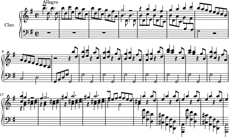\version "2.18.2"
\header {
  tagline = ##f
  % composer = "Domenico Scarlatti"
  % opus = "K. 390"
  % meter = "Allegro"
}
%% les petites notes
trillBespUp     = { \tag #'print { b'4.\prall } \tag #'midi { c32 b c b~ b4 } }
trillFis     = { \tag #'print { fis4\prall } \tag #'midi { g32 fis g fis~ b8 } }
upper = \relative c'' {
  \clef treble 
  \key g \major
  \time 2/2
  \tempo 2 = 62
  \set Staff.midiInstrument = #"harpsichord"
  \override TupletBracket.bracket-visibility = ##f
      s8*0^\markup{Allegro}
      \trillBespUp d,8  b'4. d,8 | b'8 d, c' e, \repeat unfold 2 { b' d, a' c, } | g' b, fis' a, | \stemUp g'2 r2 |
      % ms. 5
      r4 a4 g fis | g a b c | b8 a g fis e d c b | a g fis e d c b a |
      % ms. 9
      r2 r4 | b''8 d, | < d b' >4 < e c' > r4 a8 c, | < c a' >4 < d b' > r4 g8 b, | < b g' >4 < c a' > r4 fis8 a, | < a fis' >4 < b g' > r4 b'8 d, | 
      % ms. 14
      < b' d >4 < a c > r4 a8 c, | < a' c >4 < g b > r4 g8 b, | < d b' >4 < c a' > r4 fis8 a, | < c a' >4 g' r2 | fis4 g2. |
      % ms. 19
      \repeat unfold 2 { gis4 a2. } | \trillFis e,8 fis g fis e d | cis4 a' r4 a8 d, |e4 a r4 a8 d, |
      % ms. 24
      \repeat unfold 2 { e4 a r4 a8 d, } | e4*1/2
}
lower = \relative c' {
  \clef bass
  \key g \major
  \time 2/2
  \set Staff.midiInstrument = #"harpsichord"
  \override TupletBracket.bracket-visibility = ##f
    % ************************************** \appoggiatura a8  \repeat unfold 2 {  } \times 2/3 { }   \omit TupletNumber 
      R1*3 | \stemDown \change Staff = "upper"  
      b'4. d,8  b'4. d,8 |
      % ms. 5
      b'8 d, c' e, \repeat unfold 2 { b' d, a' c, } | g' \stemUp \change Staff = "lower" b, \stemDown \change Staff = "upper"  fis' \stemUp \change Staff = "lower" a, \stemNeutral | g2 r2 | c,2 d |
      % ms. 9
      g,8 b d g g,2 | \repeat unfold 7 { g'2 g, } \stemDown \change Staff = "upper" |
      % ms. 14
      \repeat unfold 2 { r4 < g'' b >4 < a cis > < b d > } | \repeat unfold 2 { r4 < a cis >4 < b d > < cis e > } | d2  g, | a4  \change Staff = "lower" < a, a' >4 < fis fis' > < d d' > | < cis cis' > < a a' > < fis fis' > < d d' > |
      % ms. 19
      < a a' >4 < a'' a' >4 < fis fis' > < d d' > | < cis cis' > < a a' > < fis fis' > < d d' > | < a a' >2*1/4 |
}
thePianoStaff = \new PianoStaff <<
    \set PianoStaff.instrumentName = #"Clav."
    \new Staff = "upper" \upper
    \new Staff = "lower" \lower
  >>
\score {
  \keepWithTag #'print \thePianoStaff
  \layout {
      #(layout-set-staff-size 17)
    \context {
      \Score
     \override SpacingSpanner.common-shortest-duration = #(ly:make-moment 1/2)
      \remove "Metronome_mark_engraver"
    }
  }
}
\score {
  \keepWithTag #'midi \thePianoStaff
  \midi { }
}