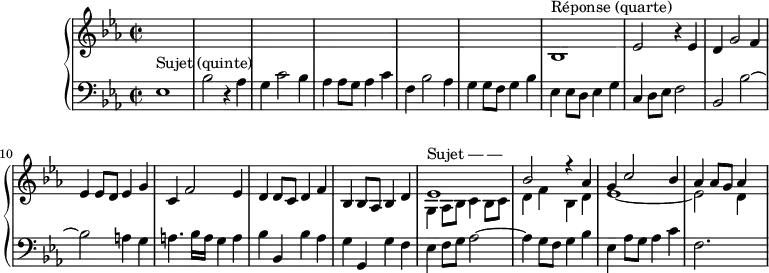 \version "2.14.2"
\header {
  tagline = ##f
}
upper = \relative c' {
  \clef treble 
  \key ees \major
  \time 2/2
  \tempo 2 = 78
  \set Staff.midiInstrument = #"harpsichord"
    s1*6
    bes1^\markup{Réponse (quarte)  } ees2 r4 ees4 | d g2 f4 ees ees8 d ees4 g | c, f2 ees4 d d8 c d4 f bes, bes8 aes bes4 d
    << { ees1^\markup{Sujet — — } bes'2 r4 aes4 g c2 bes4 aes aes8 g aes4 } \\ { g,4 aes8 bes c4 bes8 c d4 f bes, d ees1~ ees2 d4 s4 } >>
}
lower = \relative c {
  \clef bass
  \key ees \major
  \time 2/2
  \set Staff.midiInstrument = #"harpsichord"
    ees1^\markup{Sujet (quinte) } bes'2 r4 aes g c2 bes4 aes aes8 g aes4 c f, bes2 aes4 g g8 f g4 bes
    ees,4 ees8 d ees4 g 
    c,4 d8 ees f2 bes, bes'~ bes a!4 g a4. bes16 a g4 a bes bes, bes' aes g g, g' f 
    ees f8 g aes2~ aes4 g8 f g4 bes ees, aes8 g aes4 c f,2. s4
}
\score {
  \new PianoStaff <<
    % \set PianoStaff.instrumentName = #""
    \new Staff = "upper" \upper
    \new Staff = "lower" \lower
  >>
  \layout {
    \context {
      \Score
      \override SpacingSpanner.common-shortest-duration = #(ly:make-moment 1/2) % marche pas !
      \remove "Metronome_mark_engraver"
    }
  }
  \midi { }
}