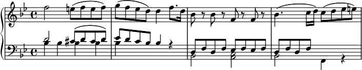 
\version "2.18.2"
\header {
  tagline = ##f
}
upper = \relative c'' {
  \clef treble 
  \key bes \major
  \time 4/4
  \tempo 4 = 65
  %\override TupletBracket.bracket-visibility = ##f

   %%Mozart — Concerto 20 mvt 2, th. 1
   f2 e8( f e f) g( f ees d) d4 f8. d16 bes8 r8 bes8 r8 f8 r8 f r8 bes4.( c16 d) c8( d ees e)

}

lower = \relative c {
  \clef bass
  \key bes \major
  \time 4/4

   << { d'2 cis8( d cis d) ees d c bes bes4 r4 } \\ { bes4 bes bes bes bes } >>
   << { d,8 f d f ees f ees f d f d f } \\ { bes,2 < c a >2 bes f4 r4 } >>
}

\score {
  \new PianoStaff <<
    \new Staff = "upper" \upper
    \new Staff = "lower" \lower
  >>
  \layout {
    \context {
      \Score
      \remove "Metronome_mark_engraver"
    }
  }
  \midi { }
}
