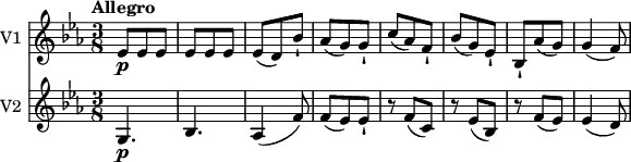 <<
  \new Staff \with { instrumentName = #"V1 "}  
  \relative c'' {
     \version "2.18.2"
     \key ees \major
     \tempo "Allegro"
     \time 3/8
   ees,8\p ees ees
   ees ees ees
   ees (d) bes'-!
   aes8 (g) g-!
   c8 (aes) f-! bes (g) ees-!
   bes-! aes' (g) g4 (f8)
  }
  \new Staff \with { instrumentName = #"V2 "}
  \relative c'' {
    \key ees \major
    \time 3/8
    g,4.\p bes aes4 (f'8)  
    f (ees) ees-!
    r8 f (c)
    r8 ees (bes)
    r8 f' (ees)
    ees4 (d8)
  
  }
>>