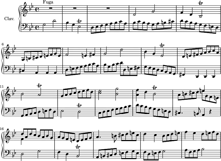 \version "2.18.2"
\header {
  tagline = ##f
}
%% les petites notes
trillEes     = { \tag #'print { ees2\trill } \tag #'midi { \times 2/3 { f16 ees f ees f ees~ } ees8~ ees } }
trillBes     = { \tag #'print { bes2\trill } \tag #'midi { \times 2/3 { c16 bes c bes c bes~ } bes8~ bes } }
trillA       = { \tag #'print { a2\trill } \tag #'midi { \times 2/3 { bes16 a bes a bes a~ } a8~ a } }
trillD       = { \tag #'print { d2\trill } \tag #'midi { \times 2/3 { ees16 d ees d ees d~ } d8~ d } }
dux     = { g2 d' bes4 g \trillEes d8 ees f g a bes c a  }
duxb    = { g2 d' bes4 g \trillEes d8 e fis g a bes c a  }
comes   = { d2 g f4 d \trillBes a8 b cis d e f g e  }
upper = \relative c' {
  \clef treble 
  \key g \minor
  \time 4/4
  \tempo 4 = 145
  \set Staff.midiInstrument = #"harpsichord"
    s8*0^\markup{Fuga}
    R1*3 | \comes f2 e4 fis | \duxb | bes2 \trillA | g8 a bes c d ees f d |
    % ms. 13
    < c ees >2 < bes g' > | < a f' >4 d \trillBes a8 b cis d << { e4 s4 | d8 a d c bes a bes g } \\ { e'8 g, f e | f4 } >>
    % ms. 17
    a8 g f e d e f g | a4. b8 cis d e cis  | d4 c bes8 c d e | f4 ees d8 e f d |
    % ms. 21
}
lower = \relative c' {
  \clef bass
  \key g \minor
  \time 4/4
  \set Staff.midiInstrument = #"harpsichord"
    % **************************************
     \dux bes8 c bes a g a b cis | d c bes a g f e d | cis4 a a a | d8 e f g a bes c a | bes g bes c d d, e fis |
     % ms. 9
     g8 f ees d c bes a g | fis4 d d d | g8 a bes c d e f d | ees2 \trillD |
     % ms. 13
     c8 d ees f g a bes c | d c bes a g f e d | cis4. b8 a4 r4 | \comes f8 d e f g2 | a8 f g a bes2 |
     % ms. 21
     
} 
thePianoStaff = \new PianoStaff <<
    \set PianoStaff.instrumentName = #"Clav."
    \new Staff = "upper" \upper
    \new Staff = "lower" \lower
  >>
\score {
  \keepWithTag #'print \thePianoStaff
  \layout {
      #(layout-set-staff-size 17)
    \context {
      \Score
     \override SpacingSpanner.common-shortest-duration = #(ly:make-moment 1/2)
      \remove "Metronome_mark_engraver"
    }
  }
}
\score {
  \keepWithTag #'midi \thePianoStaff
  \midi { }
}