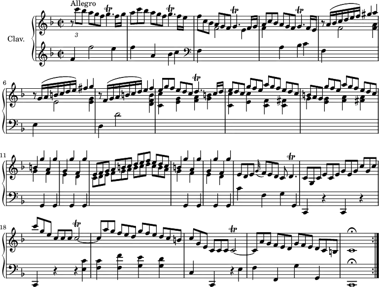 
\version "2.18.2"
\header {
  tagline = ##f
  % composer = "Domenico Scarlatti"
  % opus = "K. 106"
  % meter = "Allegro"
}

%% les petites notes
trillGp      = { \tag #'print { g4.\trill } \tag #'midi { a32 g a g~ g4 } }
trillDp      = { \tag #'print { d4.\trill } \tag #'midi { e32 d e d~ d4 } }
trillCb      = { \tag #'print { c2\trill~ } \tag #'midi { d32 c d c~ c8~ c4~ } }

upper = \relative c'' {
  \clef treble 
  \key f \major
  \time 2/2
  \tempo 2 = 62
  \set Staff.midiInstrument = #"harpsichord"
  \override TupletBracket.bracket-visibility = ##f

  \repeat volta 2 {
      s8*0^\markup{Allegro}
      \times 2/3 { r8 c'8 bes }  \omit TupletNumber \times 2/3 { a[ g f] } | \trillGp  f16 g | \times 2/3 { a8 c bes } \times 2/3 { a[ g f] } \trillGp f16 e  | \times 2/3 { f8 c bes } \times 2/3 { a[ g f] } \trillGp  f16 g \stemUp |
      % ms. 4
      \times 2/3 { a8 c bes } \times 2/3 { a[ g f] } \trillGp f16 e  | r8 a16[^( bes c d e f]) gis4 a | r8 g,16[^( a b c d e]) fis4 g | 
      % ms. 7
      r8 f,16[^( g a b c d]) e4 f | \times 2/3 { e8[ g f] } \times 2/3 { e8 d c } \trillDp c16 d | \times 2/3 { e8[ d c] } \times 2/3 { g'8 f e } \times 2/3 { a8[ g f] } \times 2/3 { e8 d c }
      % ms. 10
      \times 2/3 { b8[ a g] } \times 2/3 { g'8 f e } \times 2/3 { a8[ g f] } \times 2/3 { e8 d c } | b4 g' a, g' | g, g' f, g' | \times 2/3 { e,8[ f g] } \times 2/3 { a8 b c } \times 2/3 { d8[ e f] } \times 2/3 { e8 d c }
      % ms. 14
      b4 g' a, g' | g, g' f, g' | \times 2/3 { e,8[ d e] } \appoggiatura g32 \times 2/3 { f8[ e d] } c8 \trillDp | \times 2/3 { c8[ g c] } \times 2/3 { e8 c e } \times 2/3 { g8[ e g] } \times 2/3 { c8 g c }
      % ms. 18
      \times 2/3 { c'8[ g e] } \times 2/3 { c8 c c } \trillCb | \times 2/3 { c8[ a' g] } \times 2/3 { f8 e d } \times 2/3 { g8[ f e] } \times 2/3 { d8 c b } \times 2/3 { c8[ g e] } \times 2/3 { c8 c c } \trillCb |
      % ms. 21
      \times 2/3 { c8[ a' g] } \times 2/3 { f8 e d } \times 2/3 { g8[ f e] } \times 2/3 { d8 c b } | c1\fermata }%reprise

}

lower = \relative c' {
  \clef bass
  \key f \major
  \time 2/2
  \set Staff.midiInstrument = #"harpsichord"
  \override TupletBracket.bracket-visibility = ##f
  \omit TupletNumber 

  \repeat volta 2 {
    % ************************************** \appoggiatura a16  \repeat unfold 2 {  } \times 2/3 { }   \omit TupletNumber 
        \clef treble f4 f'2 e4 | f a, bes c |   \clef bass f,, \stemDown \change Staff = "upper" f'2 e4 |
      % ms. 4
      f4 \stemNeutral \change Staff = "lower"  a, bes c | f, \stemDown \change Staff = "upper" f'2 < f a >4 | \stemNeutral \change Staff = "lower" e,  \stemDown \change Staff = "upper" e'2  < e g >4 \stemNeutral \change Staff = "lower" |
      % ms. 7
      d,4 d'2 \stemDown \change Staff = "upper"  < d f b >4 | < c c' > < e g > < f a > < g b > | < c, c' > < e c' > < f c > < fis c > |
      % ms. 10
      g4 < e g >4 < f a > < fis a > g4 | \stemNeutral \change Staff = "lower" g,, \stemDown \change Staff = "upper" f'' \stemNeutral \change Staff = "lower" g,, \stemDown \change Staff = "upper" e'' \stemNeutral \change Staff = "lower" g,, \stemDown \change Staff = "upper" d'' \stemNeutral \change Staff = "lower" g,, | \stemDown \change Staff = "upper"  \times 2/3 { c'8[ d e] } \times 2/3 { f8[ g a] } \times 2/3 { b8[ c d] } \times 2/3 { c8[ b a] }
      % ms. 14
      g4 \stemNeutral \change Staff = "lower" g,,4 \stemDown \change Staff = "upper" f'' \stemNeutral \change Staff = "lower" g,, \stemDown \change Staff = "upper" e'' \stemNeutral \change Staff = "lower" g,, \stemDown \change Staff = "upper" d'' \stemNeutral \change Staff = "lower" g,, | c'4 f, g g, | c, r4 c r4 | c4 r4 r4  < e' c' >4 | < f c' > < f f' > < g e' > < g d' > | c, c, r4 e'4 |
       % ms. 21
       f4 f, g' g, c,1\fermata }%reprise
}

thePianoStaff = \new PianoStaff <<
    \set PianoStaff.instrumentName = #"Clav."
    \new Staff = "upper" \upper
    \new Staff = "lower" \lower
  >>

\score {
  \keepWithTag #'print \thePianoStaff
  \layout {
      #(layout-set-staff-size 17)
    \context {
      \Score
     \override SpacingSpanner.common-shortest-duration = #(ly:make-moment 1/2)
      \remove "Metronome_mark_engraver"
    }
  }
}

\score {
  \unfoldRepeats
  \keepWithTag #'midi \thePianoStaff
  \midi { }
}
