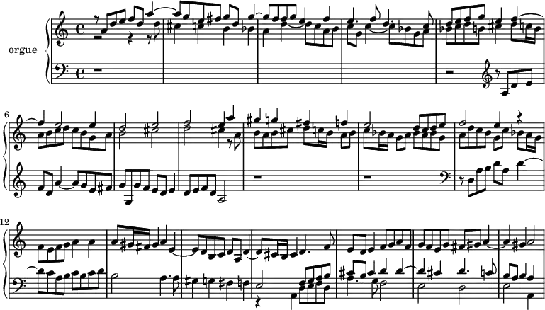 \version "2.18.2"
\header {
  tagline = ##f
}
tema = { r8 a8 d e f d a'4~ a8 g e fis g }
temabasse = { r8 d8 a' b d a d4~ d8 c a b c }
upper = \relative c'' {
  \clef treble 
  \key c \major
  \time 4/4
  \tempo 4 = 105
  \set Staff.midiInstrument = #"church organ"
    << { \tema d g4~ g8 f f g e4 f | e4. f8 d4. c8 } \\ { r2 r4 r8 d8 | cis4 c b bes | a d~ d8 c a b | c g c4~ c8 bes g a } >>
    % Ms 5
    << { d8 e f g e4 f~ | f e2 e4 | d2 e | f e4 a } \\ { bes,8 c d b cis4 d8 c!16 b | a8 b c d c b g a | b2 cis | d cis4 r8 a8 } >>
    % Ms 9
    << { gis'4 g fis f | e2 d8 c d e | f2 e4 r4 } \\ { b8 a b cis d8 c!16 b a8 b | c bes16 a g8 a bes a bes g | a d c b g c bes a16 g | f8 e f g a4 a~ } >>
    % Ms 13
    a8 gis16 fis gis4 a e~ | e8 d b c d a d4~ | d8 cis16 b cis4 d4. f8 | e8 d e4 f8 g a f | g f e g fis gis a4~ a gis a2
}
lower = \relative c' {
  \clef bass
  \key c \major
  \time 4/4
  \set Staff.midiInstrument = #"church organ"
    r1*4 r2 \clef treble  \tema g,8 g' f e d e4 | d8 e f d a2 r1 r1
    \clef bass
    % Ms 11
    { \relative c \temabasse } b8 c d | b2 a4. a8 | gis4 g fis f | 
   << { e2 f8 g a b | cis b cis4 d4 d~ d cis d4. c!8 b a b4 a s4 } \\ { r4 a,4 d8 e f d a'4. g8 f2 | e d e2 a,4 } >>
}
\score {
  \new PianoStaff <<
    \set PianoStaff.instrumentName = #"orgue"
    \new Staff = "upper" \upper
    \new Staff = "lower" \lower
  >>
  \layout {
      #(layout-set-staff-size 17)
    \context {
      \Score
      \override SpacingSpanner.common-shortest-duration = #(ly:make-moment 1/2)
      \remove "Metronome_mark_engraver"
    }
  }
  \midi { }
}