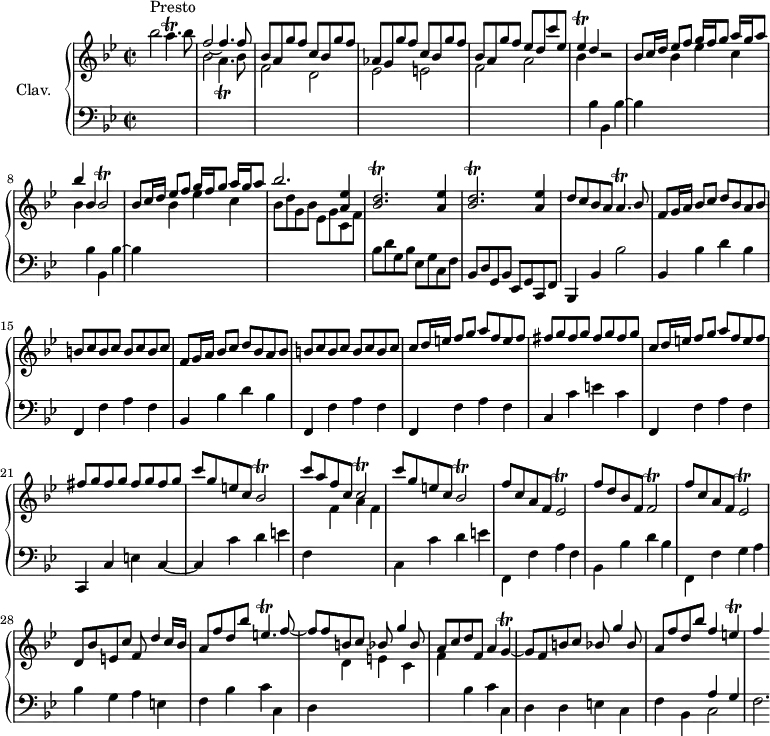 
\version "2.18.2"
\header {
  tagline = ##f
  % composer = "Domenico Scarlatti"
  % opus = "K. 16"
  % meter = "Presto"
}

%% les petites notes
trillAp      = { \tag #'print { a4.\trill } \tag #'midi { bes32 a bes a~ a4 } }
trillApB     = { \tag #'print { a4._\trill } \tag #'midi { bes32 a bes a~ a4 } }
trillEes     = { \tag #'print { ees4\trill } \tag #'midi { f32 ees f ees~ ees8 } }
trillBesb    = { \tag #'print { bes2\trill } \tag #'midi { c32 bes c bes~ bes8~ bes4 } }
trillBesDb   = { \tag #'print { < bes d >2.\trill } \tag #'midi { << { ees32 d ees d~ d8~ d2  } \\ { bes2. } >> } }
trillCb      = { \tag #'print { c2\trill } \tag #'midi { d32 c d c~ c8~ c4 } }
trillEesb    = { \tag #'print { ees2\trill } \tag #'midi { f32 ees f ees~ ees8~ ees4 } }
trillFb      = { \tag #'print { f2\trill } \tag #'midi { g32 f g f~ f8~ f4 } }
trillEpDown  = { \tag #'print { e,4.\trill } \tag #'midi { f32 e f e~ e4 } }
trillG       = { \tag #'print { g4\trill~ } \tag #'midi { a32 g a g~ g8~ } }
trillE       = { \tag #'print { e4\trill } \tag #'midi { f32 e f e~ e8 } }

upper = \relative c'' {
  \clef treble 
  \key bes \major
  \time 2/2
  \tempo 2 = 86
  \set Staff.midiInstrument = #"harpsichord"
  \override TupletBracket.bracket-visibility = ##f

      s8*0^\markup{Presto}
      bes'2 \trillAp bes8 | \stemUp f2~ f4. f8 | bes,8 a g' f c bes g' f | aes, g g' f c bes g' f | bes, a g' f ees d c' ees, |
      % ms. 6
      \trillEes d4 r2 | bes8 c16 d ees8[ f] g16 f g8 a16[ g a8] | bes4 bes, \trillBesb | bes8 c16 d ees8[ f] g16 f g8 a16[ g a8] | bes2. < a, ees' >4 |
      % ms. 11
      \repeat unfold 2 { \trillBesDb < a ees' >4 } | d8 c bes a \trillAp bes8 | \repeat unfold 2 { f8 g16 a bes8[ c] d bes a bes | \repeat unfold 4 { b c } }
      % ms. 18
      \repeat unfold 2 { c8 d16 e  f8[ g] a f e f | \repeat unfold 4 { fis g } } | c8 g e c \trillBesb | c'8 a f c \trillCb | c'8 g e c \trillBesb |
      % ms. 25
      f'8  c a f \trillEesb |  f'8 d bes f \trillFb | f'8  c a f \trillEesb | d8 bes' e, c' f,8 d'4 c16 bes | a8 f' d bes' \trillEpDown f8~ |
      % ms. 30
      f8 f b, c bes8 g'4 bes,8 | a8 c d f, a4 \trillG | g8 f b c bes8 g'4 bes,8 | a f' d bes' f4 \trillE | f4

}

lower = \relative c' {
  \clef bass
  \key bes \major
  \time 2/2
  \set Staff.midiInstrument = #"harpsichord"
  \override TupletBracket.bracket-visibility = ##f

    % ************************************** \appoggiatura a16  \repeat unfold 2 {  } \times 2/3 { }   \omit TupletNumber 
      s1 | \stemDown \change Staff = "upper"  bes'2 \trillApB bes8 | f2 d | ees e | f a |
      % ms. 6
      \repeat unfold 2 { bes4 \change Staff = "lower" bes, bes, bes'~ | bes4 \stemDown \change Staff = "upper"  bes' ees c } | bes8 d g, bes ees, g c, f \stemNeutral \change Staff = "lower" | 
      % ms. 11
      bes,8 d g, bes ees, g c, f | bes, d g, bes ees, g c, f | bes,4 bes' bes'2 | \repeat unfold 2 { bes,4 bes' d bes | f, f' a f } |
      % ms. 18
      f,4 f' a f | c c' e c |
      % ms. 20
      f,,4 f' a f | c, c' e c~ | c c' d e | f, \stemDown \change Staff = "upper" f' a f | \change Staff = "lower" c, c' d e |
      % ms. 25
      f,,4 f' a f | bes, bes' d bes | f, f' g a | bes g a e | f bes c c, |
      % ms. 30
      d4 \stemDown \change Staff = "upper" d' e c | f \change Staff = "lower" bes, c c, | d d e c | f bes, << { a'4 g } \\ { c,2 } >> | f2.*1/3

}

thePianoStaff = \new PianoStaff <<
    \set PianoStaff.instrumentName = #"Clav."
    \new Staff = "upper" \upper
    \new Staff = "lower" \lower
  >>

\score {
  \keepWithTag #'print \thePianoStaff
  \layout {
      #(layout-set-staff-size 17)
    \context {
      \Score
     \override SpacingSpanner.common-shortest-duration = #(ly:make-moment 1/2)
      \remove "Metronome_mark_engraver"
    }
  }
}

\score {
  \keepWithTag #'midi \thePianoStaff
  \midi { }
}
