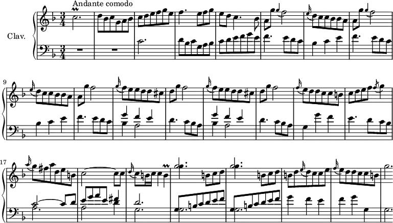 \version "2.18.2"
\header {
  tagline = ##f
  % composer = "Domenico Scarlatti"
  % opus = "K. 437"
  % meter = "Allegro"
}
%% les petites notes
trillcbp     = { \tag #'print { c2.\prall } \tag #'midi { d32 c d c~ c8~ c2 } }
appoGF       = { \tag #'print { \appoggiatura g4 f2 } \tag #'midi { g8 f4. } }
trillB       = { \tag #'print { b4\prall } \tag #'midi { c32 b c b~ b8 } }
upper = \relative c'' {
  \clef treble 
  \key f \major
  \time 3/4
  \tempo 4 = 88
  \set Staff.midiInstrument = #"harpsichord"
  \override TupletBracket.bracket-visibility = ##f
      s8*0^\markup{Andante comodo}
      \trillcbp | d8 bes c g a bes | c d e f g e | f4. e8 f g | e d c4. bes8 |
      % ms. 6
      \repeat unfold 2 { a8 g' \appoGF | \appoggiatura e16 d8 c c bes bes a } | a8 g'  f2 |
      % ms. 11
      \repeat unfold 2 { \appoggiatura g16 f8 e e d d cis | d g f2 } | \appoggiatura f16 e8 d d c c b |
      % ms. 16 
      c8 d e f \acciaccatura f8 g4 | \appoggiatura a16 g8 fis a d, e b | c2~ c8 c | \appoggiatura d16 c8 b16 c c4 \trillB | 
      % ms. 20
      \repeat unfold 2 { << { g'2. } \\ { g4. b,8 c d  } >> } | b8 d \appoggiatura e16 d8 c c e | \appoggiatura f16 e8 d d c c b | g'2.*1/4
      % ms. 25
      
}
lower = \relative c' {
  \clef bass
  \key f \major
  \time 3/4
  \set Staff.midiInstrument = #"harpsichord"
  \override TupletBracket.bracket-visibility = ##f
    % ************************************** \appoggiatura a16  \repeat unfold 2 {  } \times 2/3 { }   \omit TupletNumber 
      R2.*2 | c2. | d8 bes c g a bes | c d e f g e |
      % ms. 6
      \repeat unfold 2 { f4. e8 d c | bes4 c e } | f4. e8 d c 
      % ms. 11
      \repeat unfold 2 { << { g'4 f e } \\ { bes4 a2 } >> d4. c8 bes a } | g4 g' f |
      % ms. 16
      e4. d8 c bes | << { c2~ c8 d | e g a e fis4 | d2. } \\ { a2. | a2 d4 | g,2. } >> |
      % ms. 20
      \repeat unfold 2 { << { g8 b c d e f } \\ { g,2. } >> } | g'4 f e | f g g, | g2.*1/4
      % ms. 25
      
}
thePianoStaff = \new PianoStaff <<
    \set PianoStaff.instrumentName = #"Clav."
    \new Staff = "upper" \upper
    \new Staff = "lower" \lower
  >>
\score {
  \keepWithTag #'print \thePianoStaff
  \layout {
      #(layout-set-staff-size 17)
    \context {
      \Score
     \override SpacingSpanner.common-shortest-duration = #(ly:make-moment 1/2)
      \remove "Metronome_mark_engraver"
    }
  }
}
\score {
  \keepWithTag #'midi \thePianoStaff
  \midi { }
}