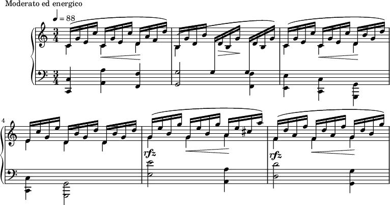 
\version "2.18.2"
\header {
  tagline = ##f
}
upper = \relative c' {
  \clef treble 
  \key c \major
  \time 3/4
  \tempo 4 = 88
  %\autoBeamOff

   %%Montgeroult — Étude 20 (pdf p. 55)
   
   << { \repeat unfold 2 { c16^( g' e c' } d, a' f d') b,16 g' d b' } \\ { c,4 c\< d\! | b^( \stemUp \change Staff = "lower" g16 \change Staff = "upper" d'16\> b g'\! \change Staff = "lower" g,16 \change Staff = "upper" d'16 b g') |  } >>
   << { \repeat unfold 2 { c,16^( g' e c' } d,16 b' g d') | e, c' g e' \repeat unfold 2 { d,16 b' g d' } } \\ { c,4 c\< d\! | e d d } >> 
   << { \repeat unfold 2 { g16( e' b g' } a,16 e' cis a') } \\ { g,4 g\< a\! } >>
   << { \repeat unfold 2 { f16^( d' a f' } g,16 d' b g') } \\{ f,4 f\< g\! } >>

}

lower = \relative c {
  \clef bass
  \key c \major
  \time 3/4

   < c c, >4 < a' a, > < f f, > | < g g, >2 \stemDown < f f, >4 | < e e, > < c c, > < g g, > | < c c, > < g g, >2 |
   < e'' e, >2^\rfz < a, a, >4 < d d, >2^\rfz <g, g, >4
}

  \header {
    piece = "Moderato ed energico"
  }

\score {
  \new PianoStaff <<
    \new Staff = "upper" \upper
    \new Staff = "lower" \lower
  >>
  \layout {
    \context {
      \Score
      
    }
  }
  \midi { }
}
