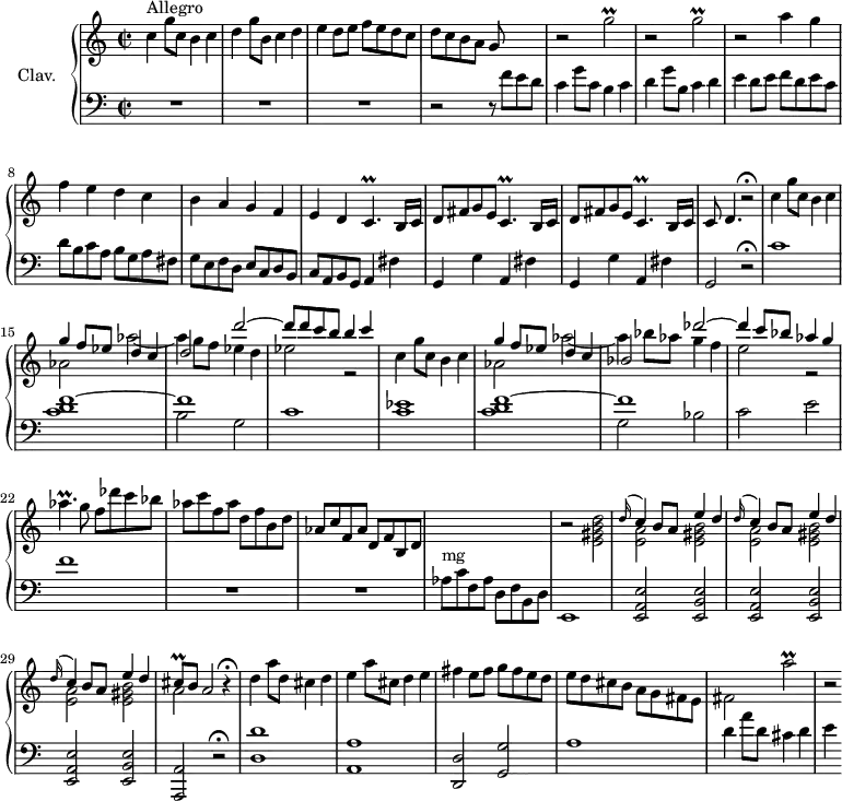 \version "2.18.2"
\header {
  tagline = ##f
}
%% les petites notes
trillGbUp       = { \tag #'print { g'2\prall } \tag #'midi { \times 2/3 { a16 g a } g8~ g4 } }
trillCp         = { \tag #'print { c4.\prall } \tag #'midi { \times 2/3 { d16 c d } c4 } }
trillAesp       = { \tag #'print { aes4.\prall } \tag #'midi { \times 2/3 { bes16 aes bes } aes4 } }
trillCisqUp     = { \tag #'print { cis'8\prall } \tag #'midi { \times 2/3 { cis16 d cis } } }
trillAbUp       = { \tag #'print { a'2\prall } \tag #'midi { \times 2/3 { b16 a b } a4. } }
upper = \relative c'' {
  \clef treble 
  \key c \major
  \time 2/2
  \tempo 2 = 96
  \set Staff.midiInstrument = #"harpsichord"
  \override TupletBracket.bracket-visibility = ##f
      s8*0^\markup{Allegro}
      c4 g'8 c, b4 c | d4 g8 b, c4 d | e d8 e f e d c  | d c b a g s8 s4 |
      % ms. 5
      \repeat unfold 2 { r2 \trillGbUp } | r2 a4 g | f e d c | b a g f |
      % ms. 10
      e4 d \trillCp b16 c | \repeat unfold 2 { d8 fis g e \trillCp b16 c } | c8    \tempo 2 = 80   d4. r2\fermata |   \tempo 2 = 96 c'4 g'8 c, b4 c |
      % ms. 15
      << { g'4 f8 ees d4 c | d2 d'~ | d8 d c b b4   \tempo 2 = 45  c4 } \\ { aes,2 aes'~ | aes4 g8 f ees4 d | ees2 r2 } >> |   \tempo 2 = 96 c4 g'8 c, b4 c | 
      % ms. 19
      << { g'4 f8 ees d4 c | bes2 des'~ | des4 c8 bes aes4 g } \\ { aes,2 aes'~ | aes4 bes8 aes g4 f | e2 r2 } >>
      % ms. 22
      \trillAesp g8 f des'c bes | aes c f, aes d, f b, d | aes c f, aes d, f b, d |
      % ms. 25
      \stemDown \change Staff = "lower" aes8^\markup{mg} c f, aes d, f b, d \change Staff = "upper" r2 < e' gis b d >2 | \repeat unfold 3 {  << { \appoggiatura d'16 c4 b8 a e'4 d } \\ { < e, a >2 < e gis b > } >> } |
      % ms. 30
      << { \trillCisqUp b8     \tempo 2 = 70    a2 } \\ { a2 } >> r4\fermata |   \tempo 2 = 96 d4 a'8 d, cis4 d | e a8 cis, d4 e | fis e8 fis g fis e d | e d cis b a g fis e |
      % ms. 35
      fis2 \trillAbUp | r2*1/2
}
lower = \relative c' {
  \clef bass
  \key c \major
  \time 2/2
  \set Staff.midiInstrument = #"harpsichord"
    % **************************************
      R1*3 r2 r8 f8 e d
      % ms. 5
      c4 g'8 c, b4 c | d4 g8 b, c4 d | e d8 e f d e c | d b c a b g a fis | g e f d e c d b |
      % ms. 10
      c8 a b g a4 fis' | \repeat unfold 2 { g, g' a, fis' } | g,2 r2\fermata | c'1 |
      % ms. 15
      << { f1~ | f | s1 | ees1 | f~ f | s1 s1 } \\ { < c d >1 | b2 g | c1 c < c d > | g2 bes c2 e | f1 } >> 
      % ms. 23 et 26
      R1*2 | s1 e,,1
      % ms. 27
      \repeat unfold 3 { < e a e' >2 < e b' e > } |
      % ms. 30
      < a, a' >2 r2\fermata | < d' d' >1 < a a' > | < d, d' >2 < g g' > | a'1 |
      % ms. 35
      d4 a'8 d, cis4 d | e
}
thePianoStaff = \new PianoStaff <<
    \set PianoStaff.instrumentName = #"Clav."
    \new Staff = "upper" \upper
    \new Staff = "lower" \lower
  >>
\score {
  \keepWithTag #'print \thePianoStaff
  \layout {
      #(layout-set-staff-size 17)
    \context {
      \Score
     \override SpacingSpanner.common-shortest-duration = #(ly:make-moment 1/2)
      \remove "Metronome_mark_engraver"
    }
  }
}
\score {
  \keepWithTag #'midi \thePianoStaff
  \midi { }
}
