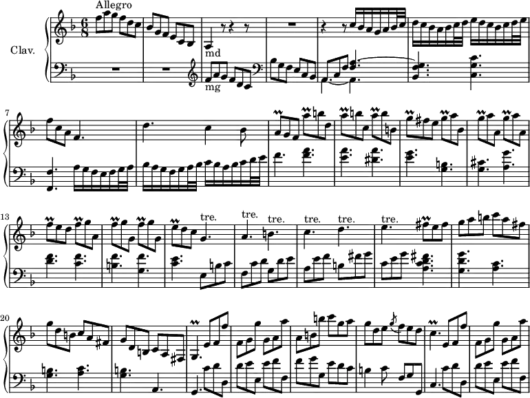 \version "2.18.2"
\header {
  tagline = ##f
}
%% les petites notes
trillAq = { \tag #'print { a8\prall } \tag #'midi { bes32 a bes a } }
trillAqUp = { \tag #'print { a'8\prall } \tag #'midi { b32 a b a } }
trillGq = { \tag #'print { g8\prall } \tag #'midi { a32 g a g } }
trillGqUp = { \tag #'print { g'8\prall } \tag #'midi { a32 g a g } }
trillFq = { \tag #'print { f8\prall } \tag #'midi { g32 f g f } }
trillFqUp = { \tag #'print { f'8\prall } \tag #'midi { g32 f g f } }
trillFisq = { \tag #'print { fis8\prall } \tag #'midi { g32 fis g fis } }
trillEqUp = { \tag #'print { e'8\prall } \tag #'midi { f32 e f e } }
trillGpTre = { \tag #'print { g4.^\markup{tre.} } \tag #'midi { \repeat unfold 4 { a32 g~ } g8 } }
trillApTre = { \tag #'print { a4.^\markup{tre.} } \tag #'midi { \repeat unfold 4 { b32 a~ } a8 } }
trillBpTre = { \tag #'print { b4.^\markup{tre.} } \tag #'midi { \repeat unfold 4 { c32 b~ } b8 } }
trillCpTre = { \tag #'print { c4.^\markup{tre.} } \tag #'midi { \repeat unfold 4 { d32 c~ } c8 } }
trillDpTre = { \tag #'print { d4.^\markup{tre.} } \tag #'midi { \repeat unfold 4 { e32 d~ } d8 } }
trillEpTre = { \tag #'print { e4.^\markup{tre.} } \tag #'midi { \repeat unfold 4 { f32 e~ } e8 } }
trillGp = { \tag #'print { g4.\prall } \tag #'midi { a32 g a g~ \tempo 4. = 45 g4 } }
trillCp = { \tag #'print { c4.\prall } \tag #'midi { d32 c d c~ \tempo 4. = 45 c4 } }
upper = \relative c'' {
  \clef treble 
  \key f \major
  \time 6/8
  \tempo 4. = 76
  \set Staff.midiInstrument = #"harpsichord"
    s16*0^\markup{Allegro}
    f8 a g f d c bes g f e c bes a4-\markup{md} r8 r4 r8 | R2. |
     % ms. 5
     r4 r8 c'16 bes a g a bes32 c | d16 c bes a bes c32 d e16 d c bes c d32 e | f8 c a f4. | d'4. c4 bes8 |
     % ms. 9
     \trillAq g8 f \trillAqUp b8 d, | \trillAqUp b8 c, \trillAqUp b8 b, | \trillGqUp fis8 e \trillGq a8 bes, | \repeat unfold 2 { \trillGqUp a8 a, } | \trillFqUp e8 d \trillFq g8 a, |
     % ms. 14
     \repeat unfold 2 { \trillFqUp g8 g, } | \trillEqUp d8 c \trillGpTre | \trillApTre \trillBpTre \trillCpTre \trillDpTre \trillEpTre  \trillFisq e8 fis |
     % ms. 19
     g8 a b  c a fis | g d b c a fis | g d b  c a fis | \trillGp  e'8 f f' | f, g g' g, a a' |
     % ms. 24
     a,8 b b' c g a | g d e \acciaccatura g8 f8 e d | \trillCp  e,8 f f' | f, g g' g, a a' |
}
lower = \relative c' {
  \clef bass
  \key f \major
  \time 6/8
  \omit Staff.TimeSignature
  \set Staff.midiInstrument = #"harpsichord"
    % **************************************
     R2.*2 |   \clef treble  f8-\markup{mg} a g f d c   \clef bass bes g f e c bes |
     % ms. 5
     << { a8 c f < f a >4.~ | < bes, f' g > } \\ { \mergeDifferentlyDottedOn a4.~ a  } >> < c g' c >4. | < f, f' >4. a'16 g f e f g32 a | bes16 a g f g a32 bes c16 bes a bes c d32 e |
     % ms. 9
     f4. < f a >4. | < e a > < dis a' > | < e g > < b g > | < cis g > < a g' > | < d f > < c f > |
     % ms. 14
     < b f' > < g f' > | < c e > e,8 b' c | f, c' d g, d' e | a, e' f b, fis' g | c, e g < a, c d fis >4.
     % ms. 19
     < g d' g >4. \repeat unfold 2 { < a c > | < g b > } a,4. |  g4.   \tempo 4. = 76 c'8 d d, | d' e e, e' f f, |
     % ms. 24
     f'8 g g, e' d c | b4 c8 | f, g g, |  c4.   \tempo 4. = 76 c'8 d d, | d' e e, e' f f, |
}
thePianoStaff = \new PianoStaff <<
    \set PianoStaff.instrumentName = #"Clav."
    \new Staff = "upper" \upper
    \new Staff = "lower" \lower
  >>
\score {
  \keepWithTag #'print \thePianoStaff
  \layout {
      #(layout-set-staff-size 17)
    \context {
      \Score
     \override SpacingSpanner.common-shortest-duration = #(ly:make-moment 1/2)
      \remove "Metronome_mark_engraver"
    }
  }
}
\score {
  \keepWithTag #'midi \thePianoStaff
  \midi { }
}