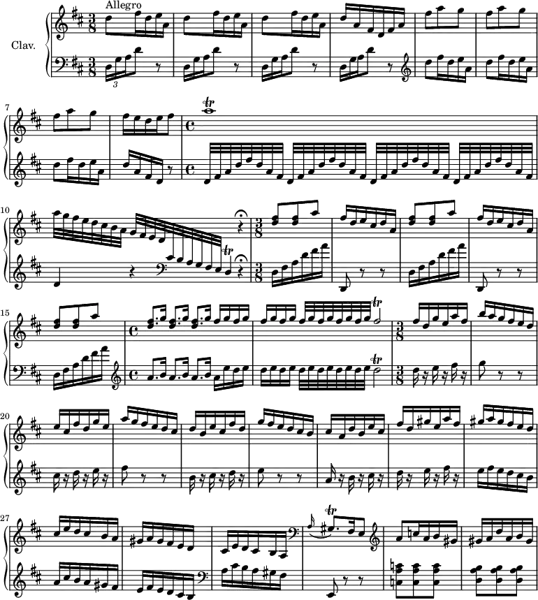 
\version "2.18.2"
\header { 
  tagline = ##f
}

%% les petites notes
trillD = { \tag #'print { d4\trill } \tag #'midi { e32 d e d e \tempo 4 = 60 d~ d16 } }
trillFisq = { \tag #'print { \appoggiatura a16 gis8.\trill } \tag #'midi { a32 gis a gis a gis } }

trillA = { \tag #'print { a1\trill } \tag #'midi { \repeat unfold 16 { b32 a } } }
trillFis = { \tag #'print { fis2\trill } \tag #'midi { \repeat unfold 7 { fis32 g } fis \tempo 4 = 50 g } }
trillDd = { \tag #'print { d2\trill } \tag #'midi { \repeat unfold 7 { e32 d } e32 d } }

upper = \relative c'' {
  \clef treble 
  \key d \major
  \time 3/8
  \tempo 4. = 72
  \set Staff.midiInstrument = #"harpsichord"
  \override TupletBracket.bracket-visibility = ##f

     s8*0^\markup{Allegro} \repeat unfold 3 { d8 fis16 d e a, } | d16 a fis d fis a | \repeat unfold 3 { fis'8 a g } | fis16 e d e fis8 |

     % ms. 9
     \tempo 4 = 72 \trillA | a32 g fis e d cis b a \omit TupletNumber \stemUp \times 8/10 { g32 fis e d \change Staff = "lower"  \clef bass cis b a g fis e } \trillD  \change Staff = "upper"  \clef treble r4\fermata | 

     % ms. 11
     \tempo 4. = 84 < d'' fis >8 q a' \repeat unfold 2 { fis16 d e cis d a | < d fis >8 q a' }

     % ms. 16
     \tempo 4 = 72 \repeat unfold 3 { < d, fis >8.[ g16] } \tempo 4 = 82 fis16 g fis g  | fis16[ g fis g] \tempo 4 = 90 \repeat unfold 4 { fis32 g } \trillFis 

     % ms. 18
     \tempo 4. = 90
     fis16 d g e a fis | b a g fis e d |
     % ms. 20
     e16 cis fis d g e | a g fis e d cis | d b e cis fis d | g fis e d cis b | cis a d b e cis | fis d gis e a fis | 
     % ms. 26
     gis16 a gis fis e d | cis e d cis b a | gis a gis fis e d | cis e d cis b a |  \clef bass \trillFisq fis16 e8 | \tempo 4. = 84  \clef treble  a'8 c16 a b gis | gis a d a b gis | 
     % ms. 

}

lower = \relative c {
  \clef bass
  \key d \major
  \time 3/8
  \set Staff.midiInstrument = #"harpsichord"
  \override TupletBracket.bracket-visibility = ##f

    % **************************************
      \times 2/3 { d16 g a } d8 r8  \omit TupletNumber \repeat unfold 2 { \times 2/3 { d,16 g a } d8 r8 } | \times 2/3 { d,16 g a } d8 r8 |   \clef treble \repeat unfold 3 { d'8 fis16 d e a, } | d16 a fis d r8 | 

      % ms. 9 
      \time 4/4  \repeat unfold 4 { d32 fis a d fis d a fis } | d4 r4 s4 d,4\rest\fermata | 
       
      % ms. 11
      \time 3/8 \repeat unfold 2 { d16 fis a d fis a | d,,,8 r8 r8 } | d'16 fis a d fis a | 

      % ms. 16
      \time 4/4 \clef treble | \repeat unfold 3 { a8. b16 } a16 e' d e | d e d e \repeat unfold 4 { d32 e } \trillDd | 

      % ms. 18
      \time 3/8
      d16 r16 e16 r16 fis16 r16 | g8 r8 r8 |
      % ms. 20
      cis,16 r16 d16 r16 e16 r16 | fis8 r8 r8 | b,16 r16 cis16 r16 d16 r16 | e8 r8 r8 | a,16 r16 b16 r16 cis16 r16 | d16 r16 e16 r16 fis16 r16
      % ms. 26
      e16 fis e d cis b | a cis b a gis fis | e fis e d cis b |   \clef bass a cis b a gis fis | e,8 r8 r8 | < c' a' c >8 q q | 
      % ms. 32
      < d a' b >8 q q

}

thePianoStaff = \new PianoStaff <<
    \set PianoStaff.instrumentName = #"Clav."
    \new Staff = "upper" \upper
    \new Staff = "lower" \lower
  >>

\score {
  \keepWithTag #'print \thePianoStaff
  \layout {
      #(layout-set-staff-size 17)
    \context {
      \Score
     \override SpacingSpanner.common-shortest-duration = #(ly:make-moment 1/2)
      \remove "Metronome_mark_engraver"
    }
  }
}

\score {
  \keepWithTag #'midi \thePianoStaff
  \midi { }
}
