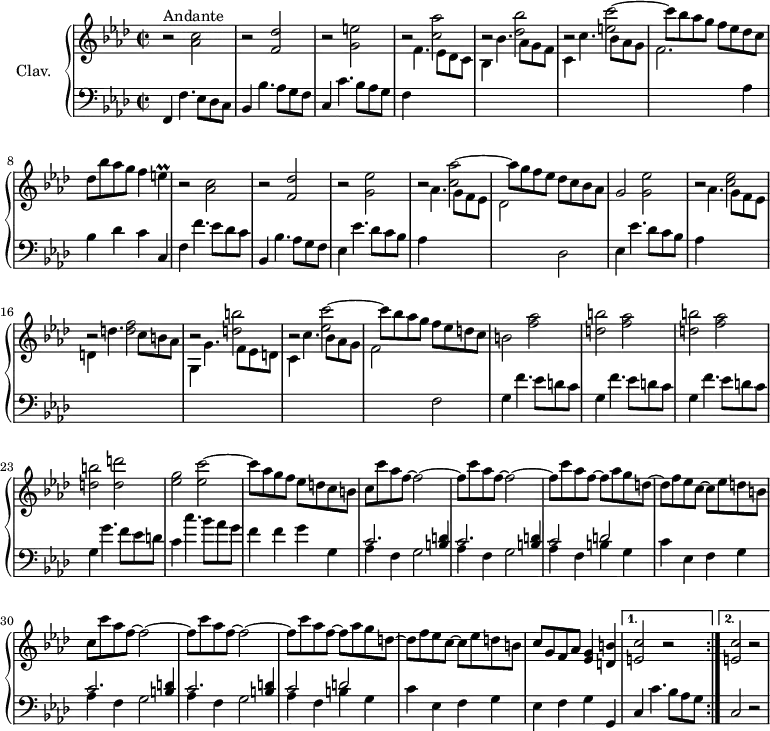 \version "2.18.2"
\header {
  tagline = ##f
  % composer = "Domenico Scarlatti"
  % opus = "K. 185"
  % meter = "Andante"
}
%% les petites notes
trillE       = { \tag #'print { e4\prall } \tag #'midi { f32 e f e~ e8 } }
upper = \relative c'' {
  \clef treble 
  \key f \minor
  \time 2/2
  \tempo 2 = 68
  \set Staff.midiInstrument = #"harpsichord"
  \override TupletBracket.bracket-visibility = ##f
 \repeat volta 2 {
      s8*0^\markup{Andante}
      r2 < aes c >2 | r2 < f des' >2 | b2\rest < g e' >2 | b2\rest < c aes' >2 | b2\rest < des bes' >2 |  b2\rest < e c' >2~ |
      % ms. 7
      c'8 bes aes g f ees des c | des bes' aes g f4 \trillE | b2\rest < aes c >2 | b2\rest < f des' >2 | b2\rest < g ees' >2 | b2\rest < c aes' >2~ | 
      % ms. 13
      aes'8 g f ees des c bes aes | g2 < g ees' > | b2\rest < c ees > | b2\rest < d f > | b2\rest < d b' > | b2\rest < ees c' >~ |
      % ms. 19
      c'8 bes aes g f ees d c | b2  \repeat unfold 3 { < f' aes > | < d b' > } < d d' > | < ees g > < ees c' >~
      % ms. 25
      c'8 aes g f ees d c b | \repeat unfold 2 { c c' aes f~ f2~ | f8 c' aes f~ f2~ | f8 c' aes f~ f aes g d~ | d f ees c~ c ees d b }
      % ms. 34
      c8 g f aes < ees g >4 < d b' > 
      }%repet 
      \alternative { 
        { < e c' >2 r2 }
        { < e c' >2 r2 }
      }
      % ms. 37
      
}
lower = \relative c' {
  \clef bass
  \key f \minor
  \time 2/2
  \set Staff.midiInstrument = #"harpsichord"
  \override TupletBracket.bracket-visibility = ##f
 \repeat volta 2 {
    % ************************************** \appoggiatura a16  \repeat unfold 2 {  } \times 2/3 { }   \omit TupletNumber 
      f,,4 f'4. ees8 des c | bes4 bes'4. aes8 g f | c4 c'4. bes8 aes g | f4 \stemDown \change Staff = "upper" f'4. ees8 des c | bes4 bes'4. aes8 g f | c4 c'4. bes8 aes g |
      % ms. 7
      f2. \stemNeutral \change Staff = "lower" aes,4 | bes des c c, | f f'4. ees8 des c | bes,4 bes'4. aes8 g f | ees4 ees'4. des8 c bes | aes4 \stemDown \change Staff = "upper" aes'4. g8 f ees | 
      % ms. 13
      des2 \stemNeutral \change Staff = "lower" des, | ees4 ees'4. des8 c bes | aes4 \stemDown \change Staff = "upper" aes'4. g8 f ees | d4 d'4. c8 b aes | g,4 g'4. f8 ees d | c4 c'4. bes8 aes g |
      % ms. 19
      f2 \stemNeutral \change Staff = "lower" f, | \repeat unfold 3 { g4 f'4. ees8 d c } | g4 g'4. f8 ees d | c4 c'4. bes8 aes g |
      % ms. 25
      f4 f g g, | \repeat unfold 2 { \repeat unfold 2 { << { c2. < b d >4 } \\ { aes4 f g2 } >> } | << { c2 d } \\ { aes4 f b g } >> c4 ees, f g } 
      % ms. 34
      ees4 f g g,
      }%repet
      \alternative {
        { c c'4. bes8 aes g }
        { c,2 r2 }
      }
      % ms. 37
      
}
thePianoStaff = \new PianoStaff <<
    \set PianoStaff.instrumentName = #"Clav."
    \new Staff = "upper" \upper
    \new Staff = "lower" \lower
  >>
\score {
  \keepWithTag #'print \thePianoStaff
  \layout {
      #(layout-set-staff-size 17)
    \context {
      \Score
     \override SpacingSpanner.common-shortest-duration = #(ly:make-moment 1/2)
      \remove "Metronome_mark_engraver"
    }
  }
}
\score {
  \unfoldRepeats
  \keepWithTag #'midi \thePianoStaff
  \midi { }
}