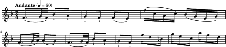 
\relative c' {
  \version "2.18.2"
  \key f \major
  \time 2/4
  \tempo "Andante" 4 = 60
  f8. (g32 f)  bes8-! a-! g-! f-! f (e)  f'16 (c a c) bes (g e g)
  f8. (g32 a) a8 (g) f8. (g32 f)  bes8-! a-! g-! f-! f'16 d8 b16 g'16 e8 c16 a'16 f8 d16
}
