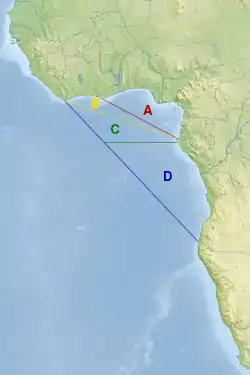 Différentes façons de cartographier le golfe de Guinée : * A ou golfe intérieur, * AB ou golfe selon l'OHI,  * ABC ou golfe selon une  variante de l'OHI  * ABCD ou golfe selon la Commission du Golfe de Guinée.