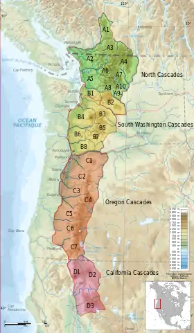 Carte des subdivisions de la chaîne des Cascades avec le chaînon Skagit en A2 (en vert, les North Cascades)