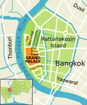 L'île Rattanakosin est situé à l'Ouest du Khlong Ong Ang et de Bang Lamphu.