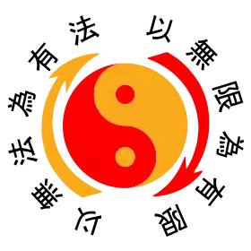 Emblème du jeet kune do. Le taijitu symbolise le concept du yin et yang, et les flèches leurs interactions continuelles. Les caractères signifient : « N'utiliser aucune méthode comme méthode » et « N'avoir aucune limite pour limite ».