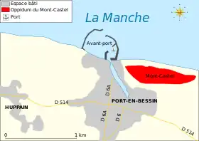 Carte montrant la localisation de l'oppidum à l'est de Port-en-Bessin le long de la Manche