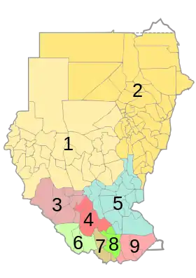 Diocèses du Soudan (1 et 2), et du Soudan du Sud (3 à 9). L'archidiocèse de Djouba est le no 8