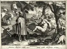 Gravure en noir et blanc représentant un homme débarquant d'une caravelle et portant un étendard, il rencontre une femme nue allongée sur un hamac.