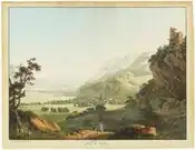 Représentation de Bex au XVIIIe siècle, avec la Tour de Duin à droite de l'image.