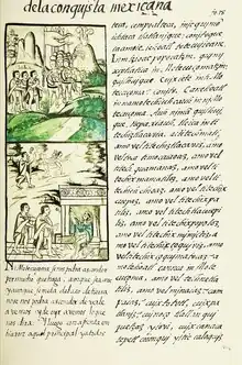 Manuscrit écrit en nahuatl avec illustrations représentant l'armée de Cortès.