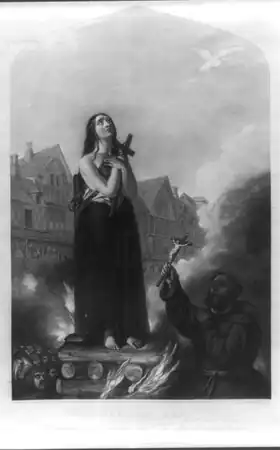 Jeanne d'Arc, après avoir rendu les services les plus remarquables à son prince et à son peuple, meurt en martyr pour leur cause. Gravure de C.W. Wass (une autre version est une gravure de 1849 du troisième panneau de The Penny Illustrated News du 1er décembre 1849. Vol 1, no 6, p. 45).
